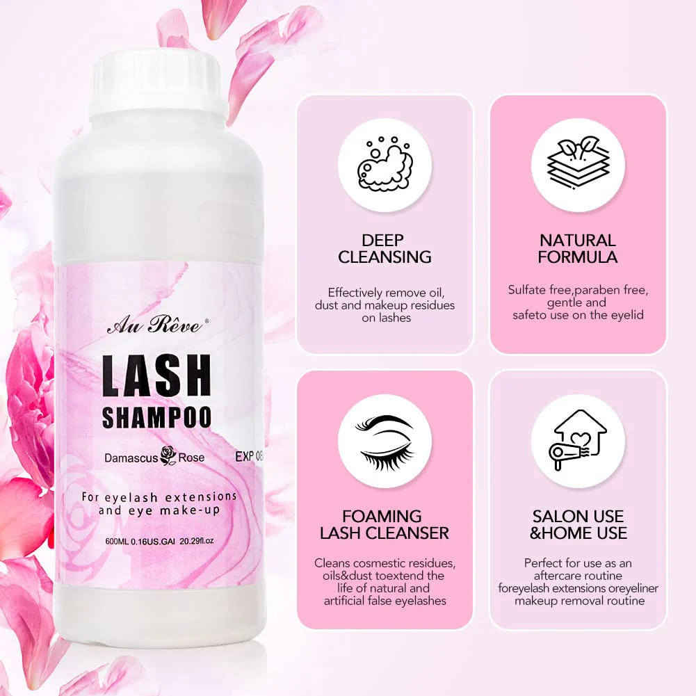 "AuReve Eyelash Extension Cleanser Lash Shampoo Foam, Eyelid Cleanser for Makeup Remover Eyelash Care, Paraben & Sulfate Free for Salon and Home Use (Rose 600ml)" - Image 2