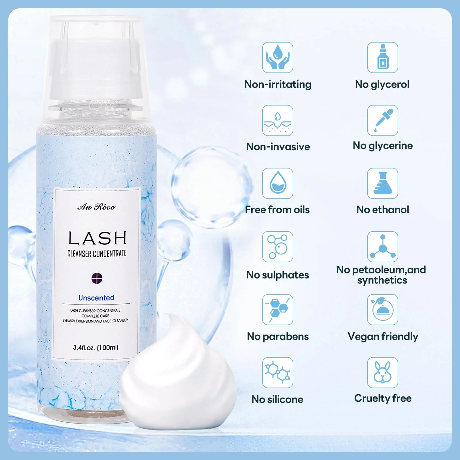 AuReve Lash Shampoo Concentrate 100ml Lash Extension Cleanser Oil-Free Eyelash Extension Shampoo with Salon Home Care -Makes 20 Bottles 60ml Lash Shampoo,Unscented - Image 2
