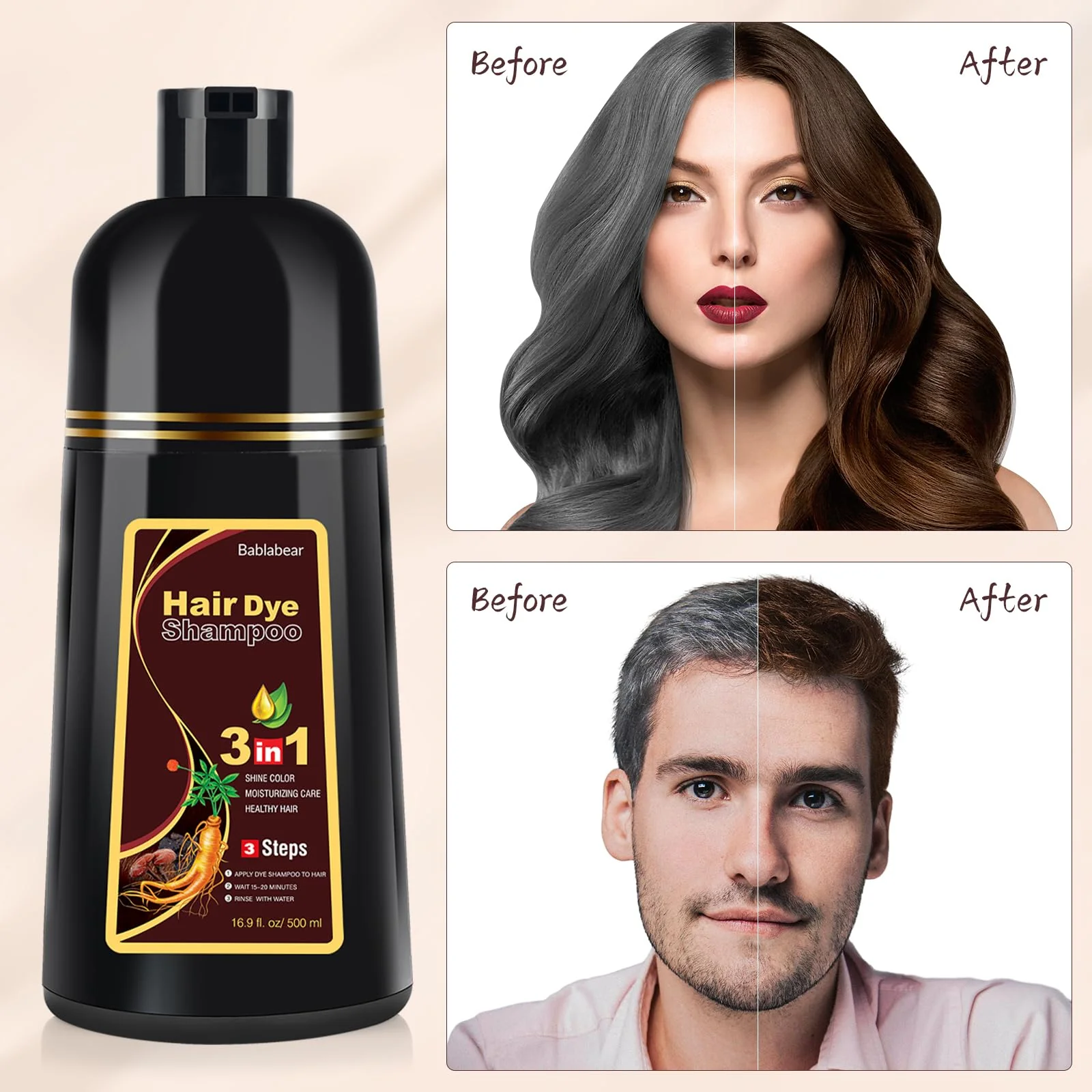 Bablabear Dark Brown Hair Color Shampoo for Gray Hair 500ML Instant Hair Dye Shampoo for Men & Women-3 in 1 Color Shampoo - Image 4