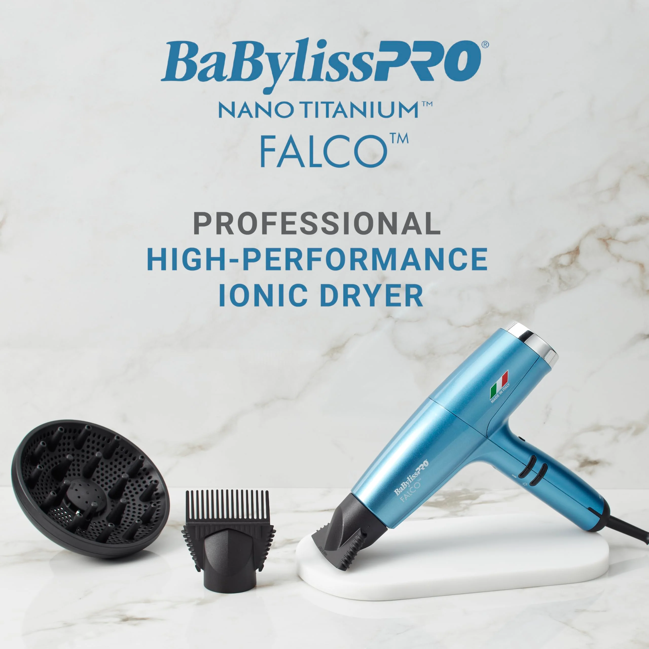 BaBylissPRO Nano Titanium Professional Italian High-Speed Falco Hair Dryer with Concentrator Nozzles, 2000-Watt Ionic Blow Dryer with Diffuser - Image 7