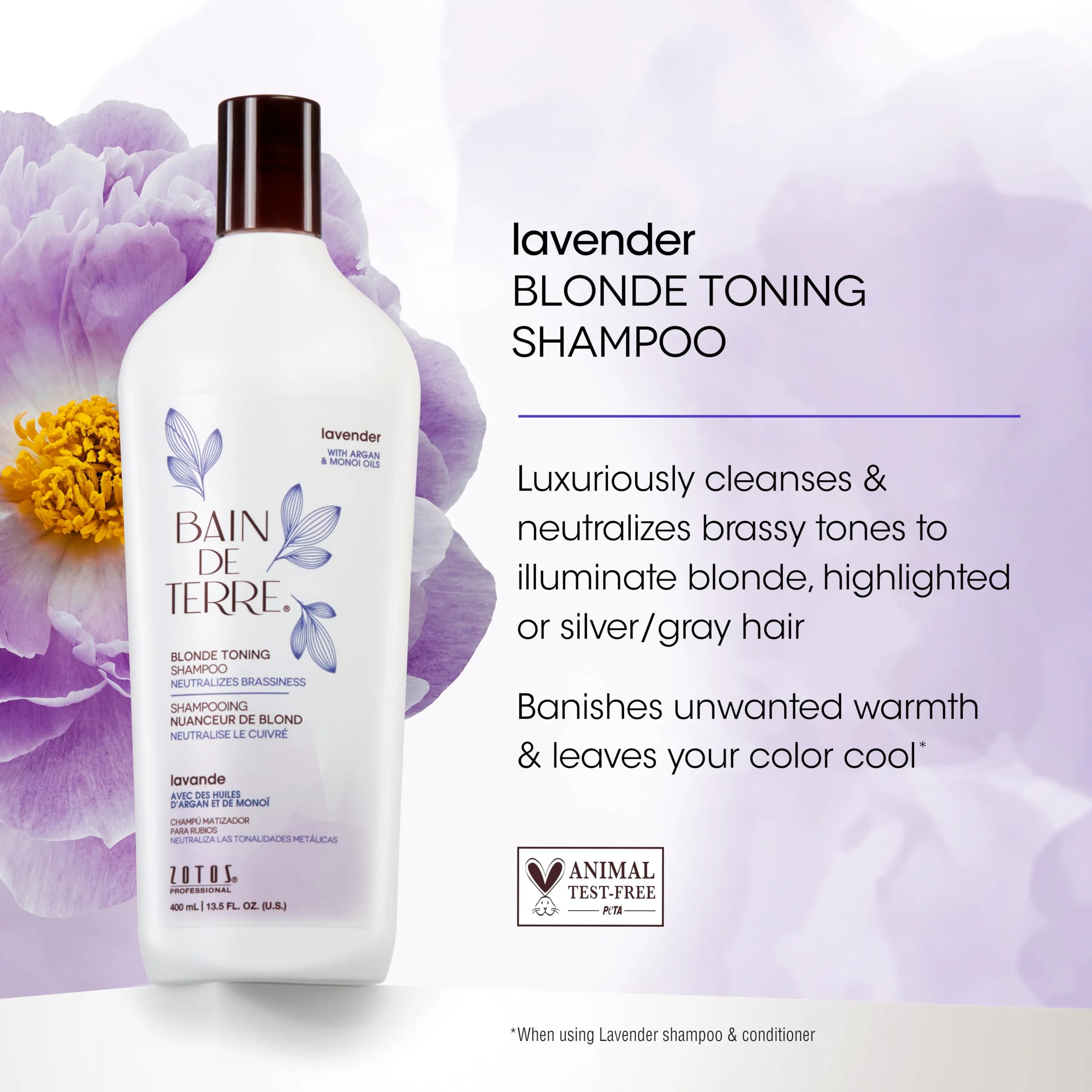 Bain de Terre Lavender Blonde Toning Shampoo, Neutralize Brassy Tones for Cool Blonde, Highlighted or Gray Hair, with Argan & Monoi Oils, Paraben-Free, Vegan, 13.5 Fl Oz - Image 3