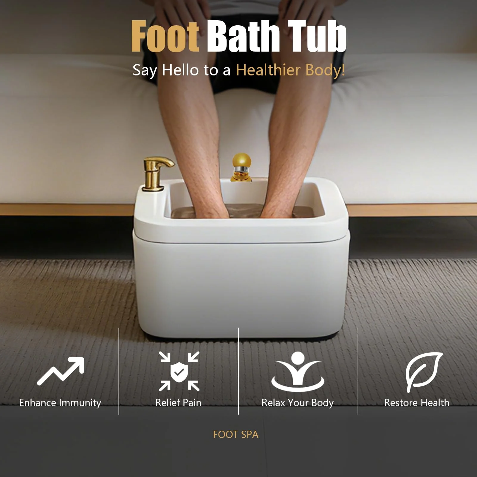 BAIODNB Pedicure Foot Spa Bathtub Portable Acrylic Massage Footbath with Hot & Cold Water Pedicure Bowl Acrylic Pedicure Chair Shampoo Sink, Sink Spa Foot Shower Wash Salon, Massage Foot (White+Gold) - Image 6