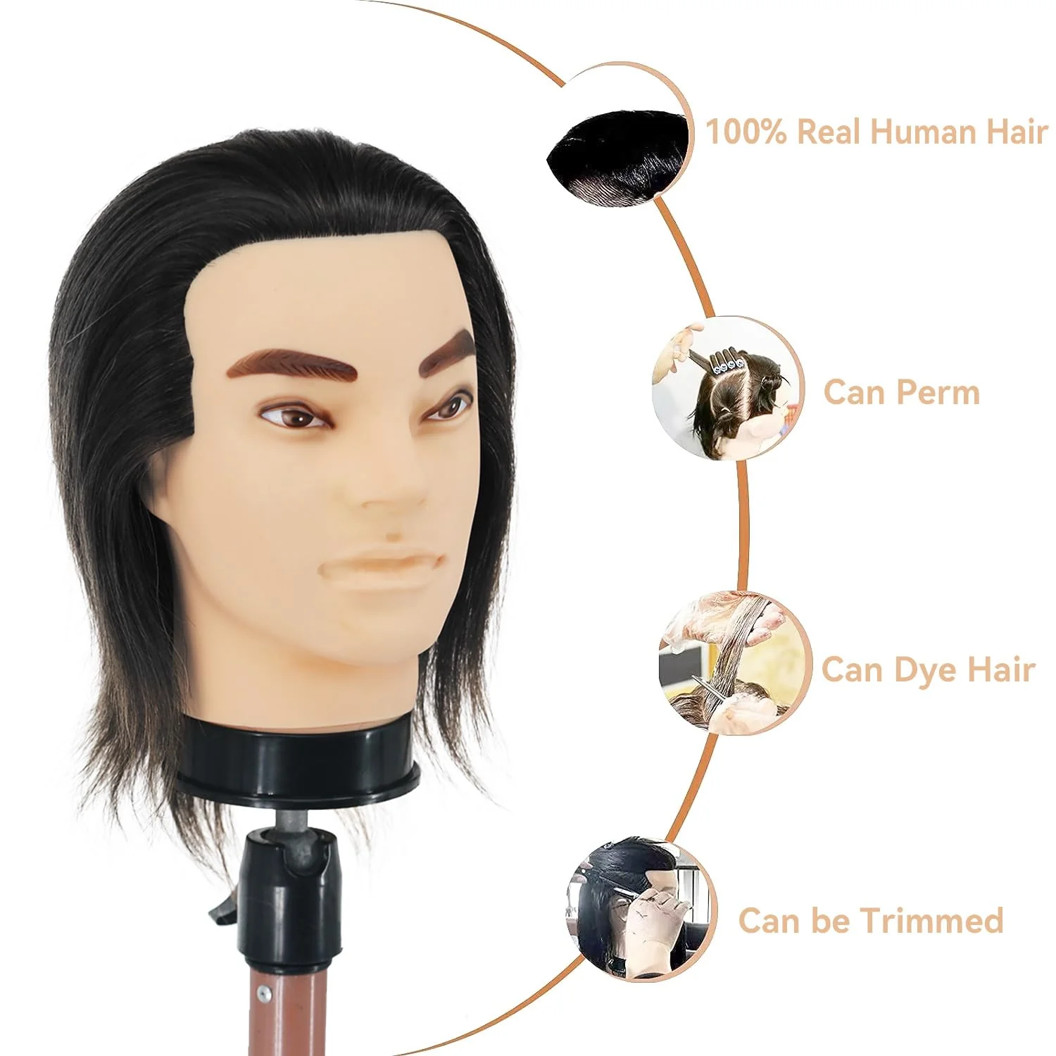 Barber Mannequin Head - 12'' Practice Head with Human Hair, Clamp Stand for Hairdresser Cutting & Styling - Image 2