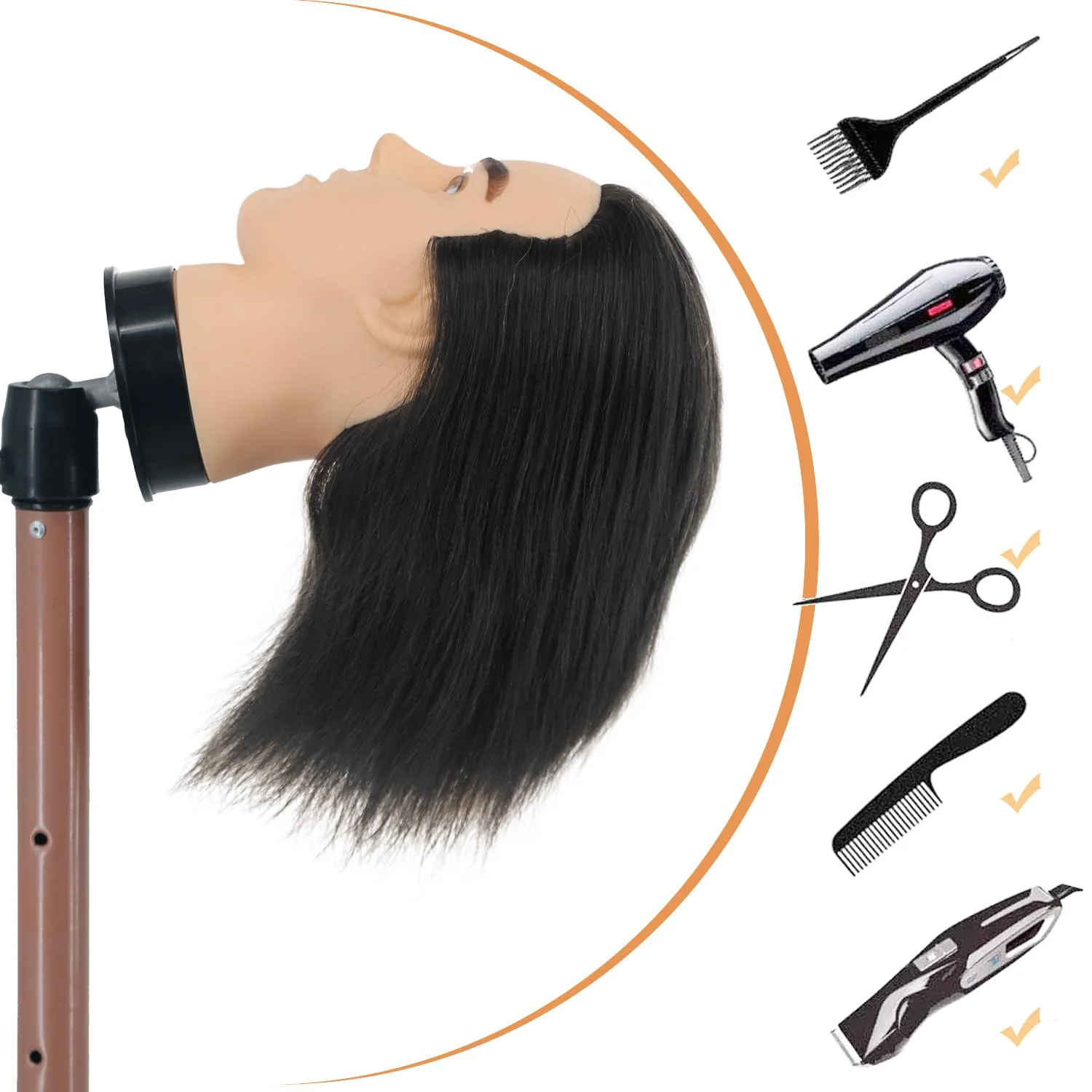 Barber Mannequin Head - 12'' Practice Head with Human Hair, Clamp Stand for Hairdresser Cutting & Styling - Image 3