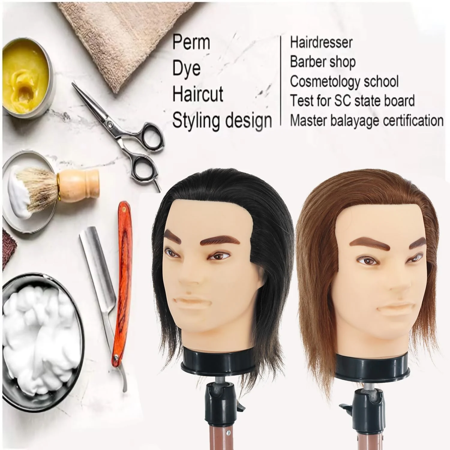 Barber Mannequin Head - 12'' Practice Head with Human Hair, Clamp Stand for Hairdresser Cutting & Styling - Image 4