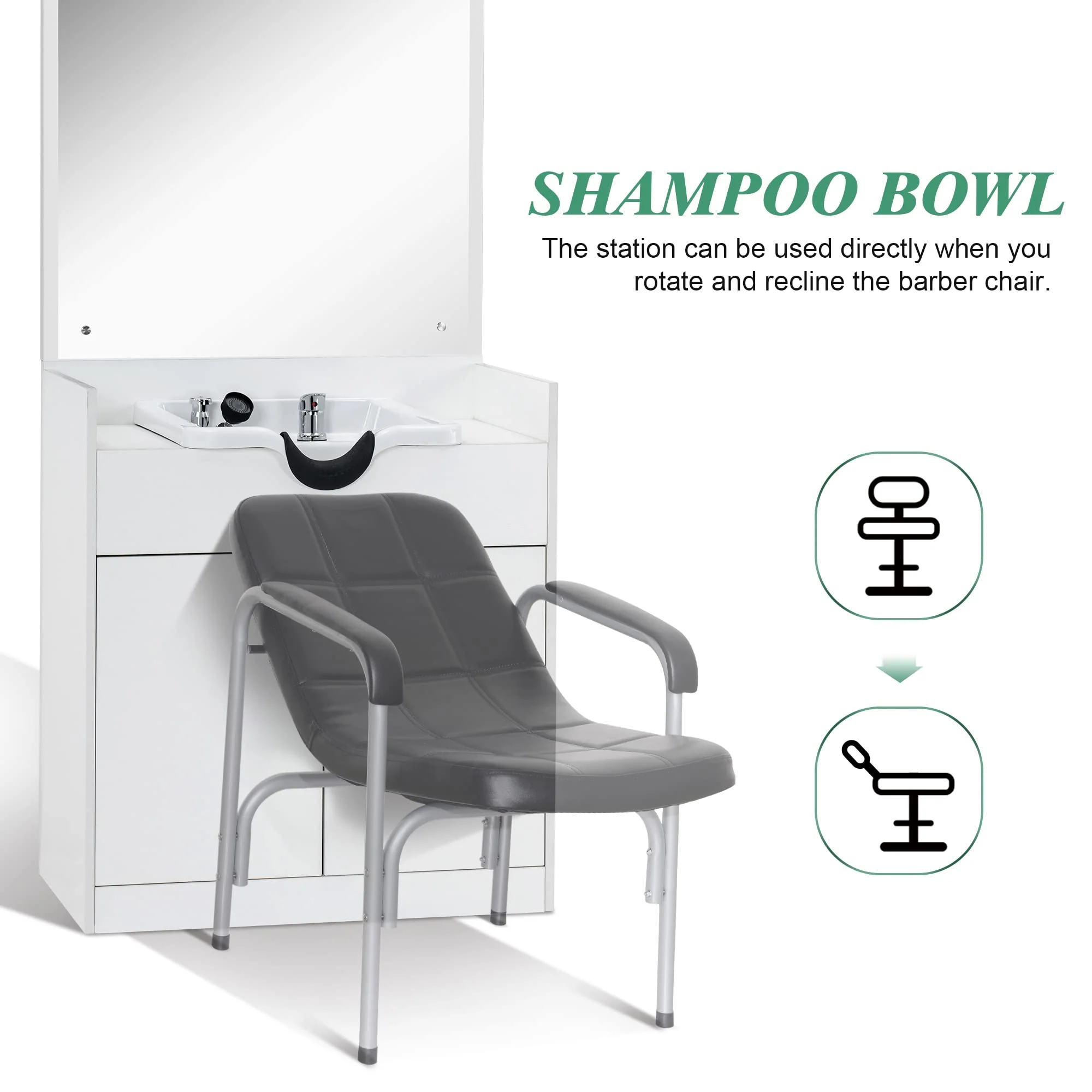 BarberPub Backwash Shampoo Bowl Sink Chair Station with Mirror Salon Styling Cabinet Spa Equipment 3130 (White) - Image 5