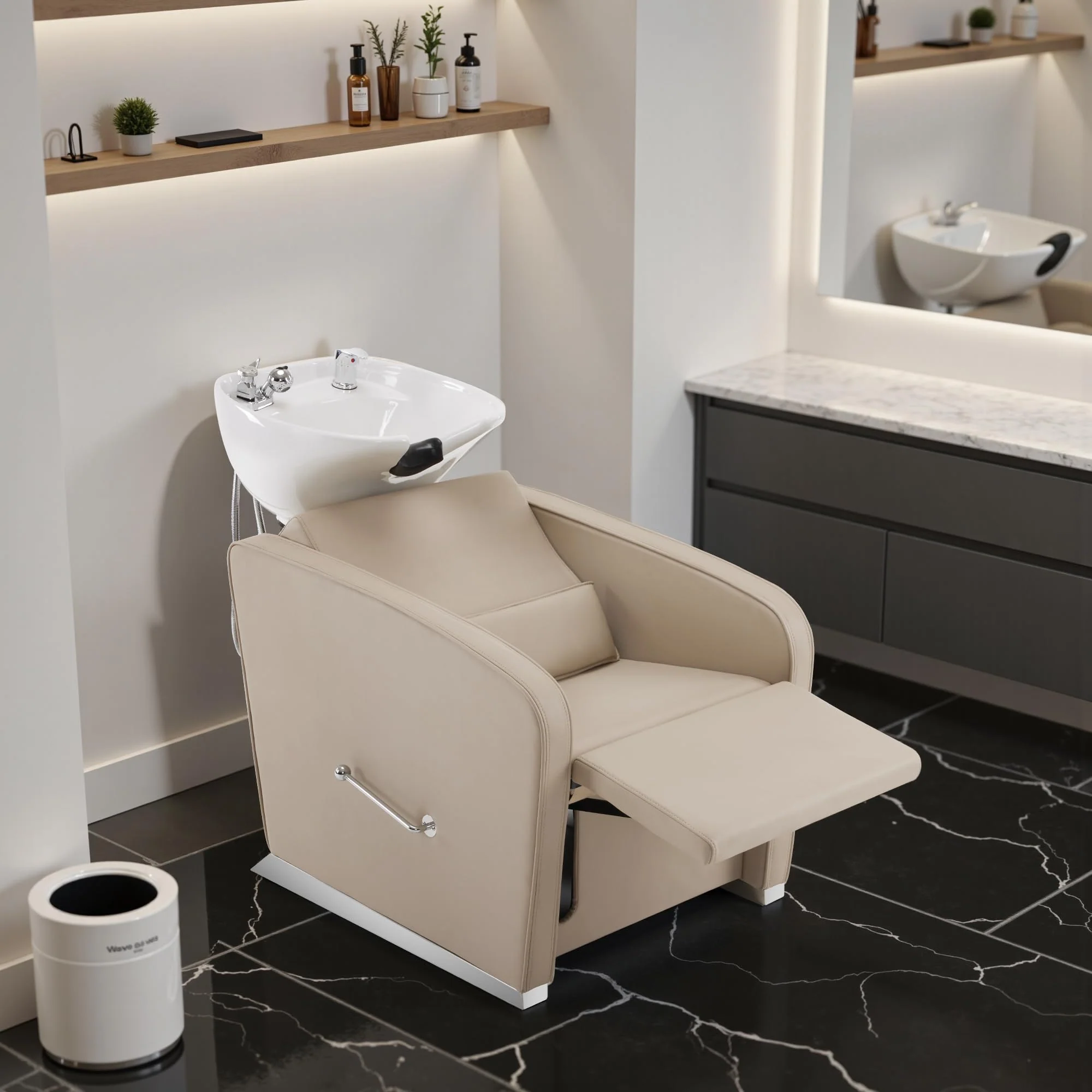 BarberPub Backwash Shampoo Station Chair, Adjustable Porcelain Ceramic Hair Wash Bowl Sink Unit Station, Reclining Shampoo Station Chair for Spa Beauty Salon Hair Salon Equipment 9303 (Beige) - Image 2
