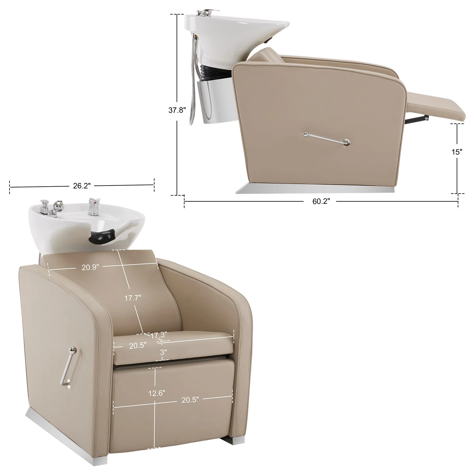 BarberPub Backwash Shampoo Station Chair, Adjustable Porcelain Ceramic Hair Wash Bowl Sink Unit Station, Reclining Shampoo Station Chair for Spa Beauty Salon Hair Salon Equipment 9303 (Beige) - Image 3