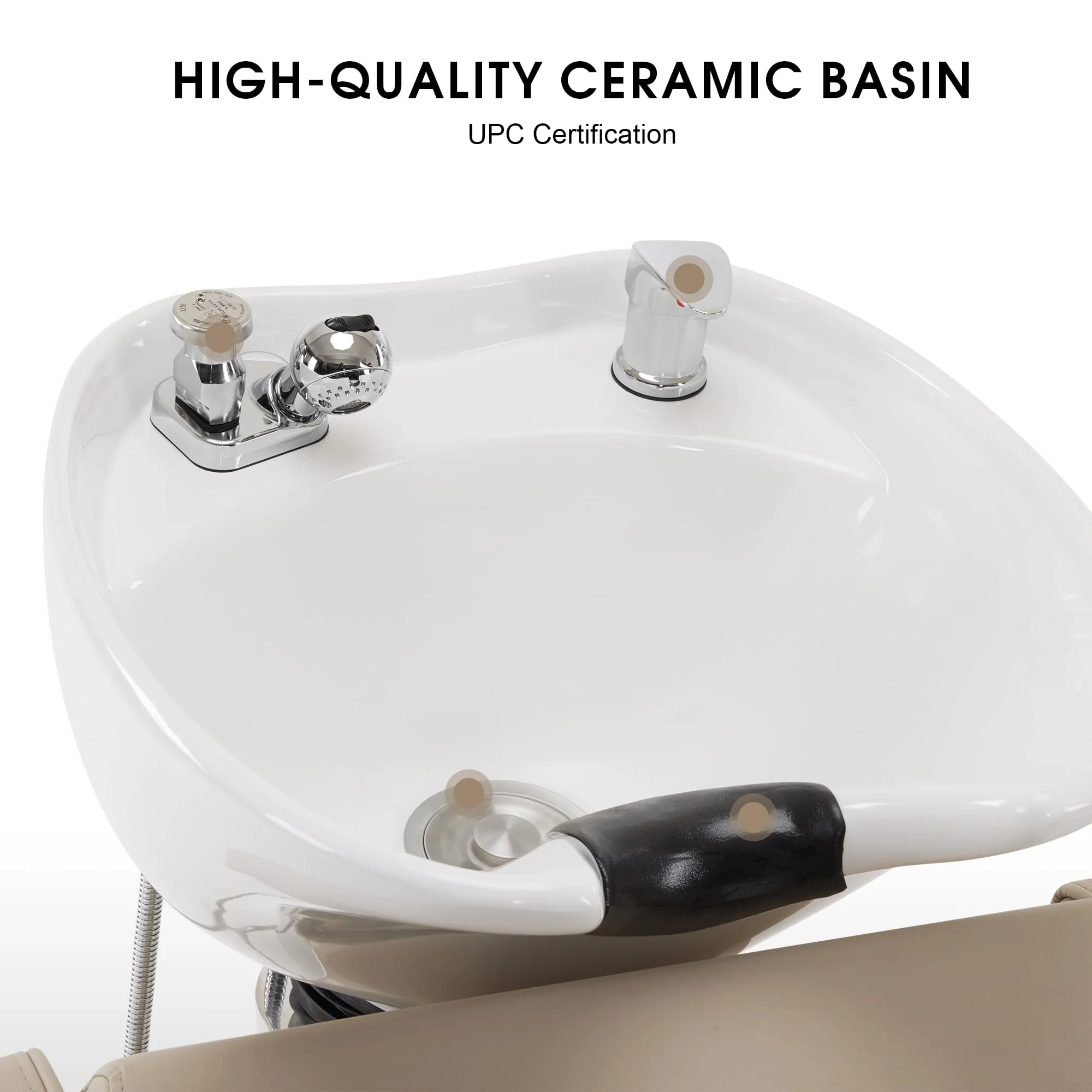 BarberPub Backwash Shampoo Station Chair, Adjustable Porcelain Ceramic Hair Wash Bowl Sink Unit Station, Reclining Shampoo Station Chair for Spa Beauty Salon Hair Salon Equipment 9303 (Beige) - Image 4