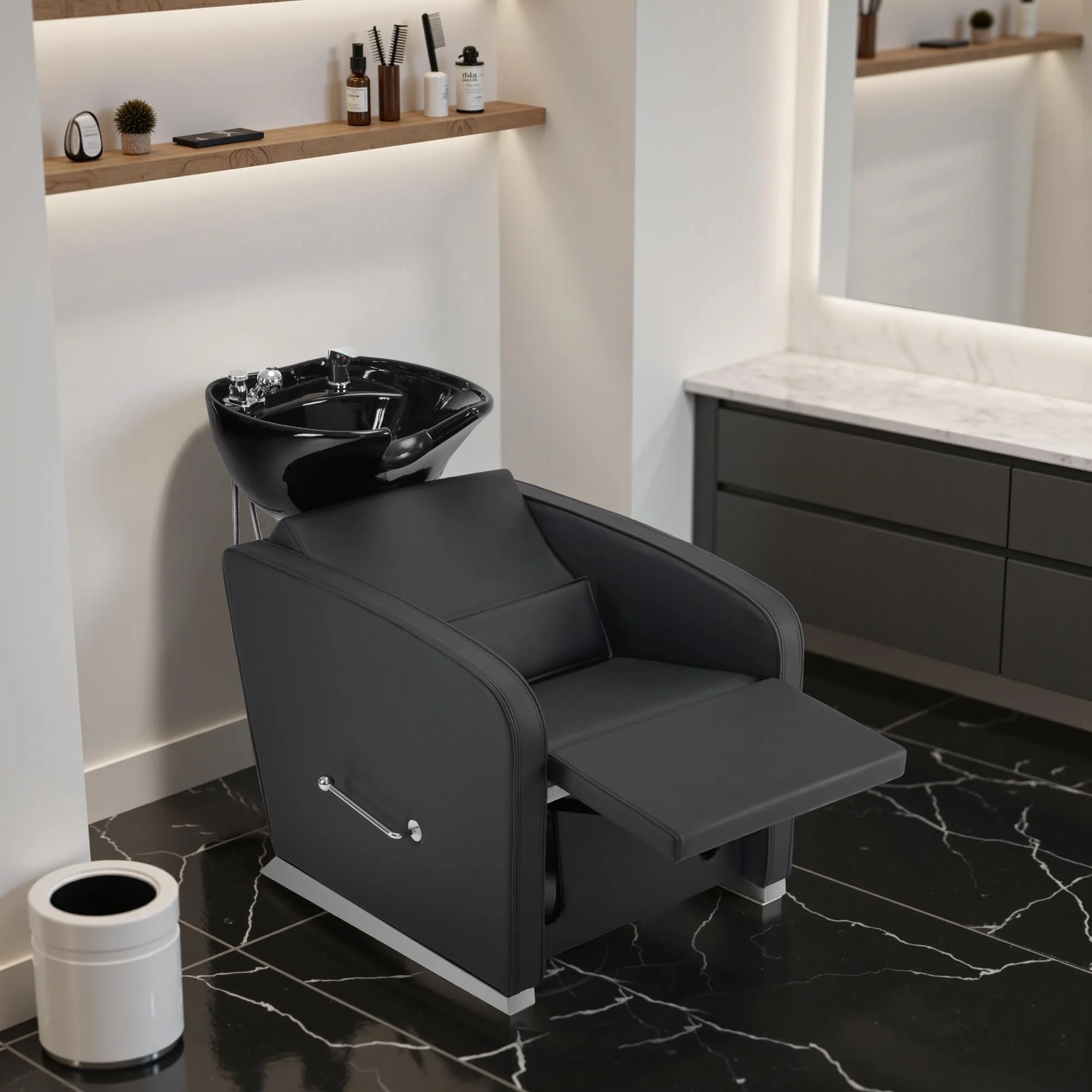 BarberPub Backwash Shampoo Station Chair, Adjustable Porcelain Ceramic Hair Wash Bowl Sink Unit Station, Reclining Shampoo Station Chair for Spa Beauty Salon Hair Salon Equipment 9303 (Black) - Image 2