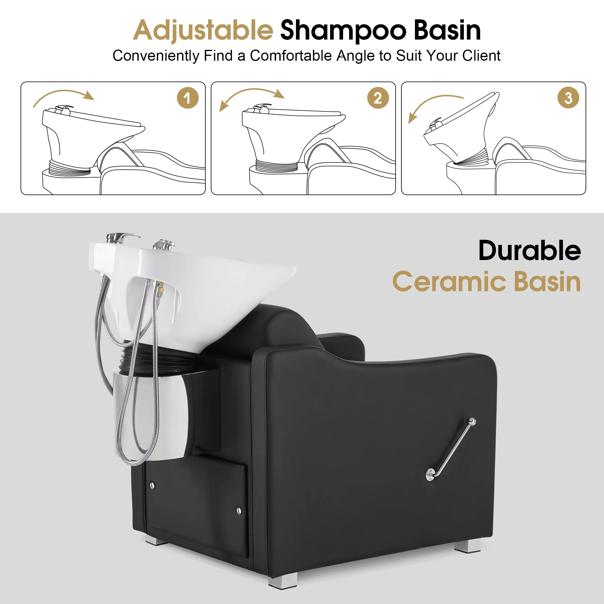 BarberPub Backwash Shampoo Station Chair, Adjustable Porcelain Ceramic Hair Wash Bowl with Chair, Shampoo Station for Barber Shop, Spa Beauty Salon Equipment 9364 (Black) - Image 4