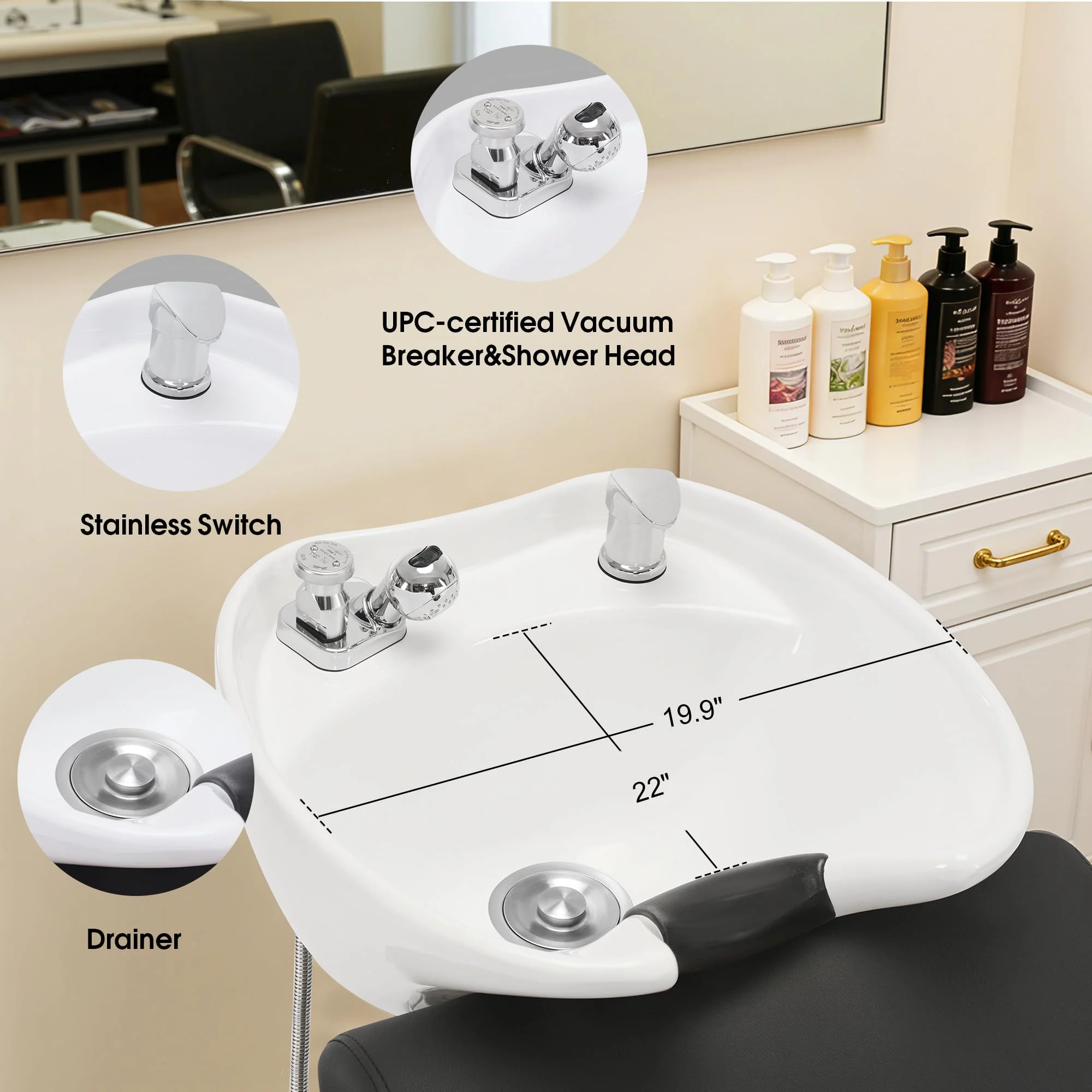 BarberPub Backwash Shampoo Station Chair, Adjustable Porcelain Ceramic Hair Wash Bowl with Chair, Shampoo Station for Barber Shop, Spa Beauty Salon Equipment 9364 (Black) - Image 5