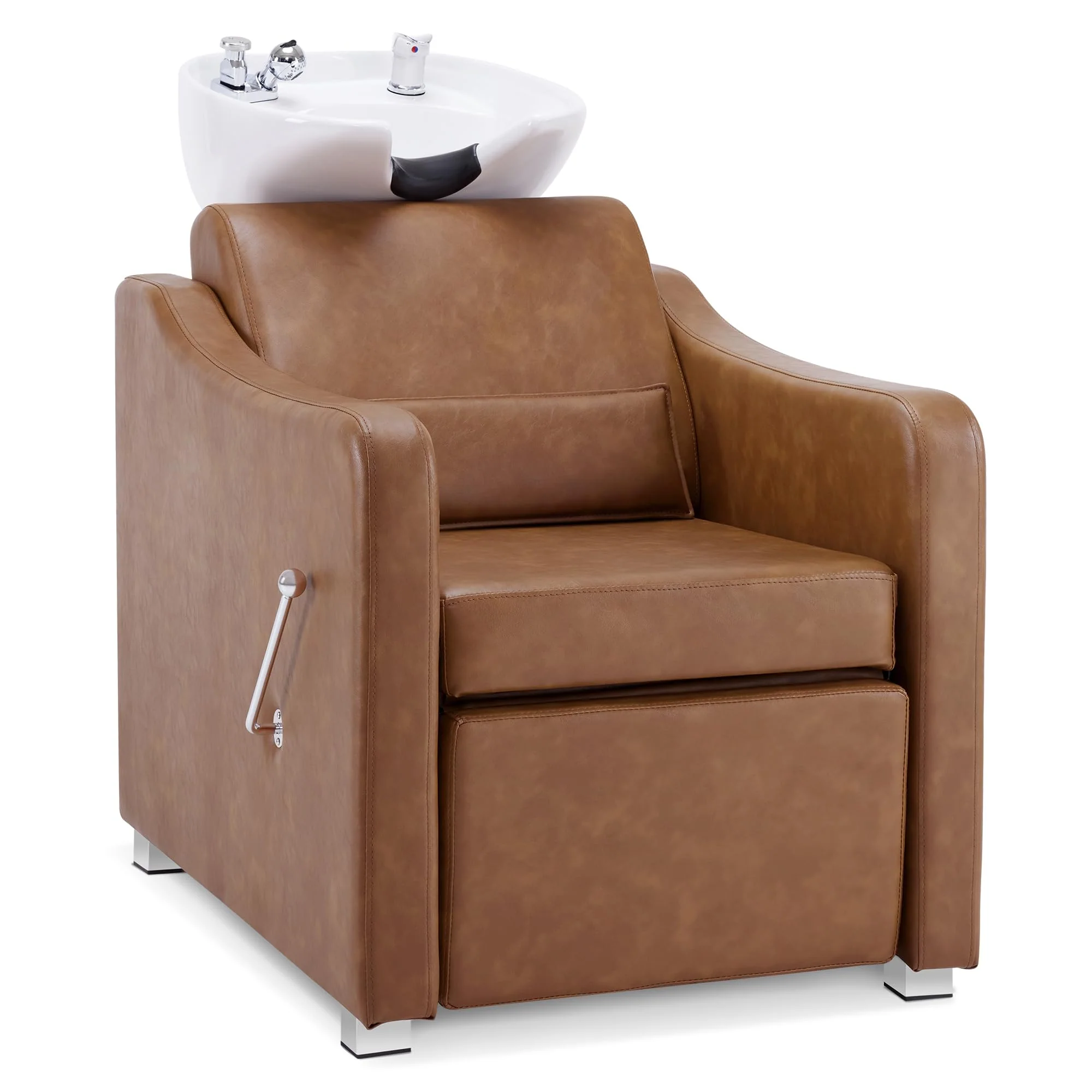 BarberPub Backwash Shampoo Station Chair, Adjustable Porcelain Ceramic Hair Wash Bowl with Chair, Shampoo Station for Barber Shop, Spa Beauty Salon Equipment 9364 (Brown)