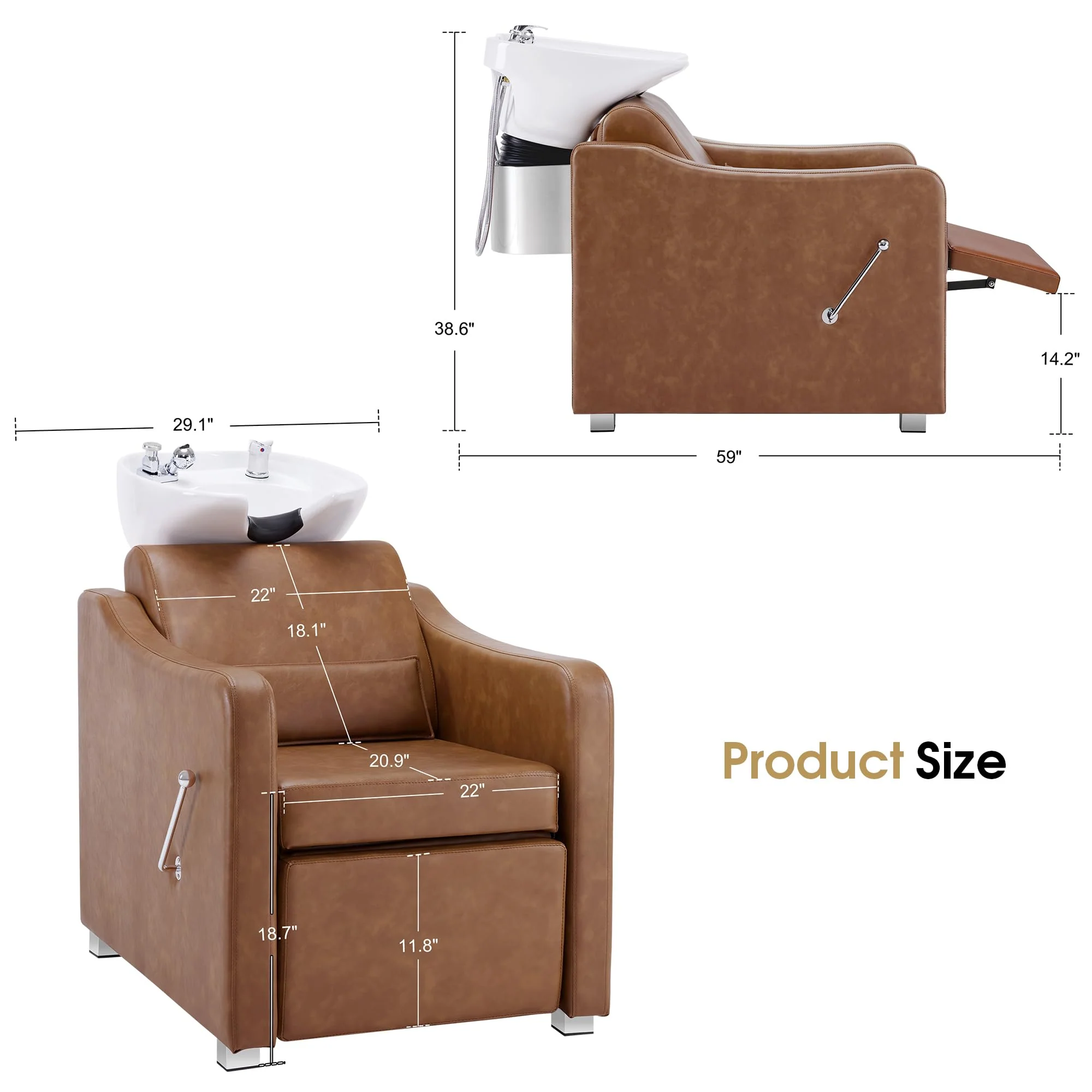 BarberPub Backwash Shampoo Station Chair, Adjustable Porcelain Ceramic Hair Wash Bowl with Chair, Shampoo Station for Barber Shop, Spa Beauty Salon Equipment 9364 (Brown) - Image 3