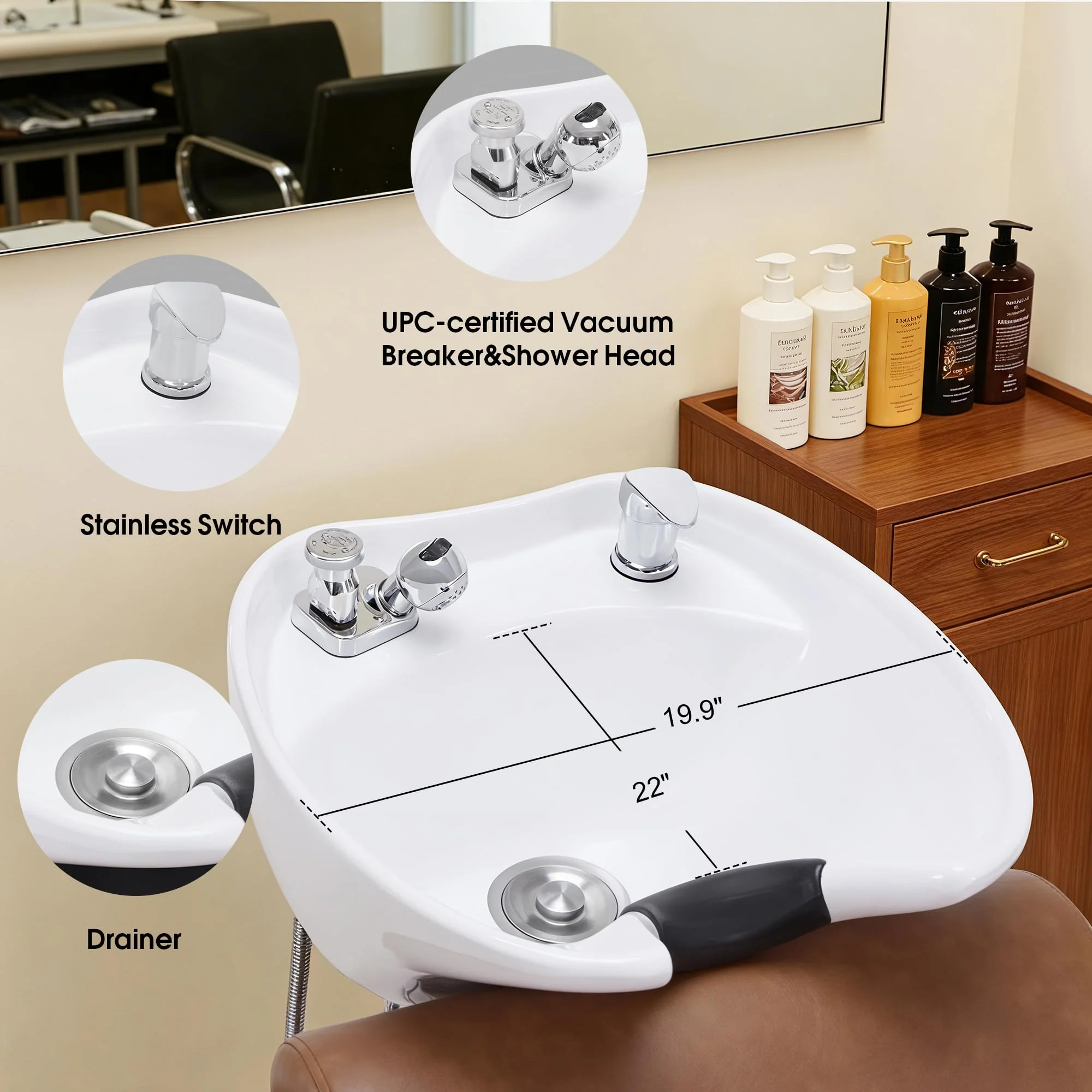 BarberPub Backwash Shampoo Station Chair, Adjustable Porcelain Ceramic Hair Wash Bowl with Chair, Shampoo Station for Barber Shop, Spa Beauty Salon Equipment 9364 (Brown) - Image 5