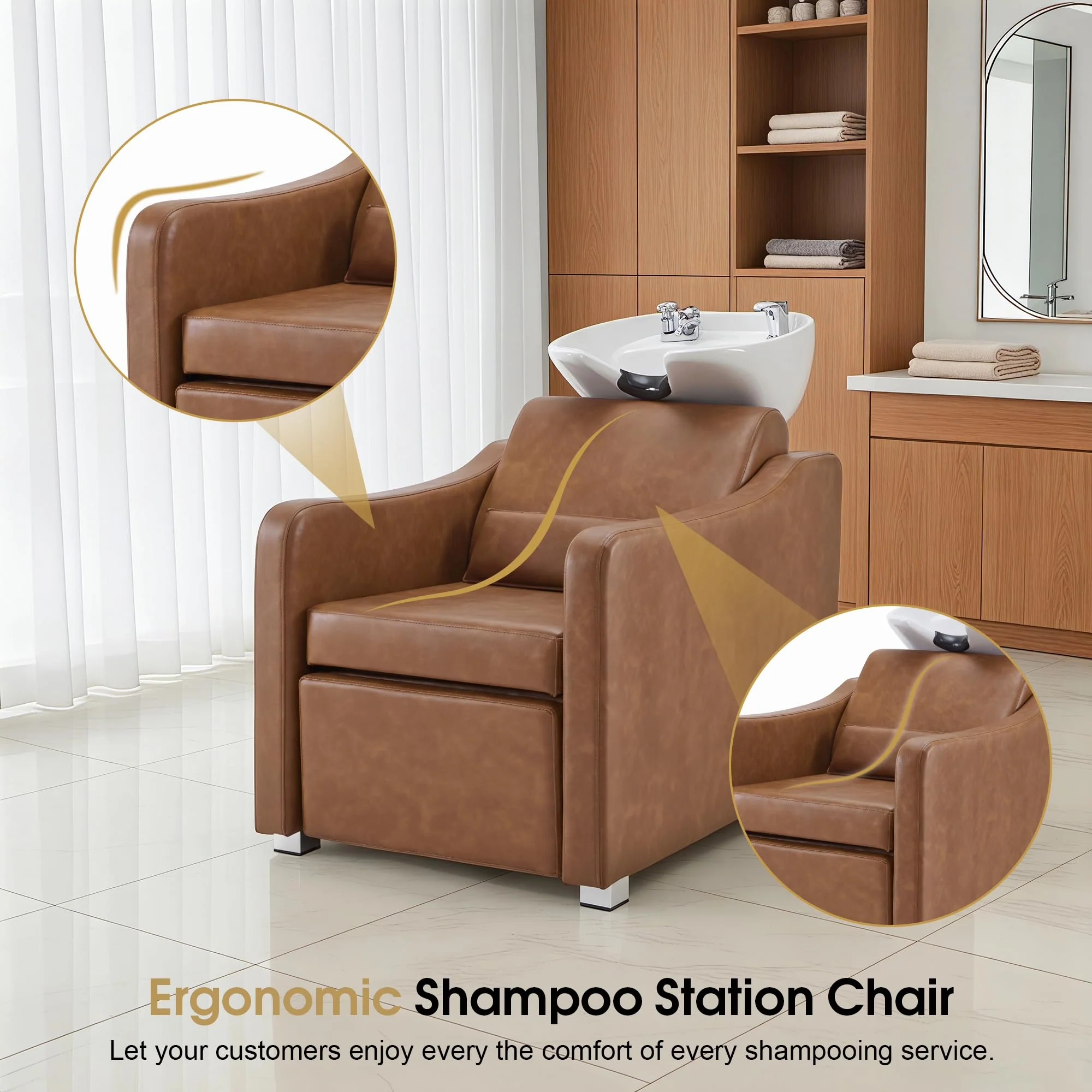 BarberPub Backwash Shampoo Station Chair, Adjustable Porcelain Ceramic Hair Wash Bowl with Chair, Shampoo Station for Barber Shop, Spa Beauty Salon Equipment 9364 (Brown) - Image 6