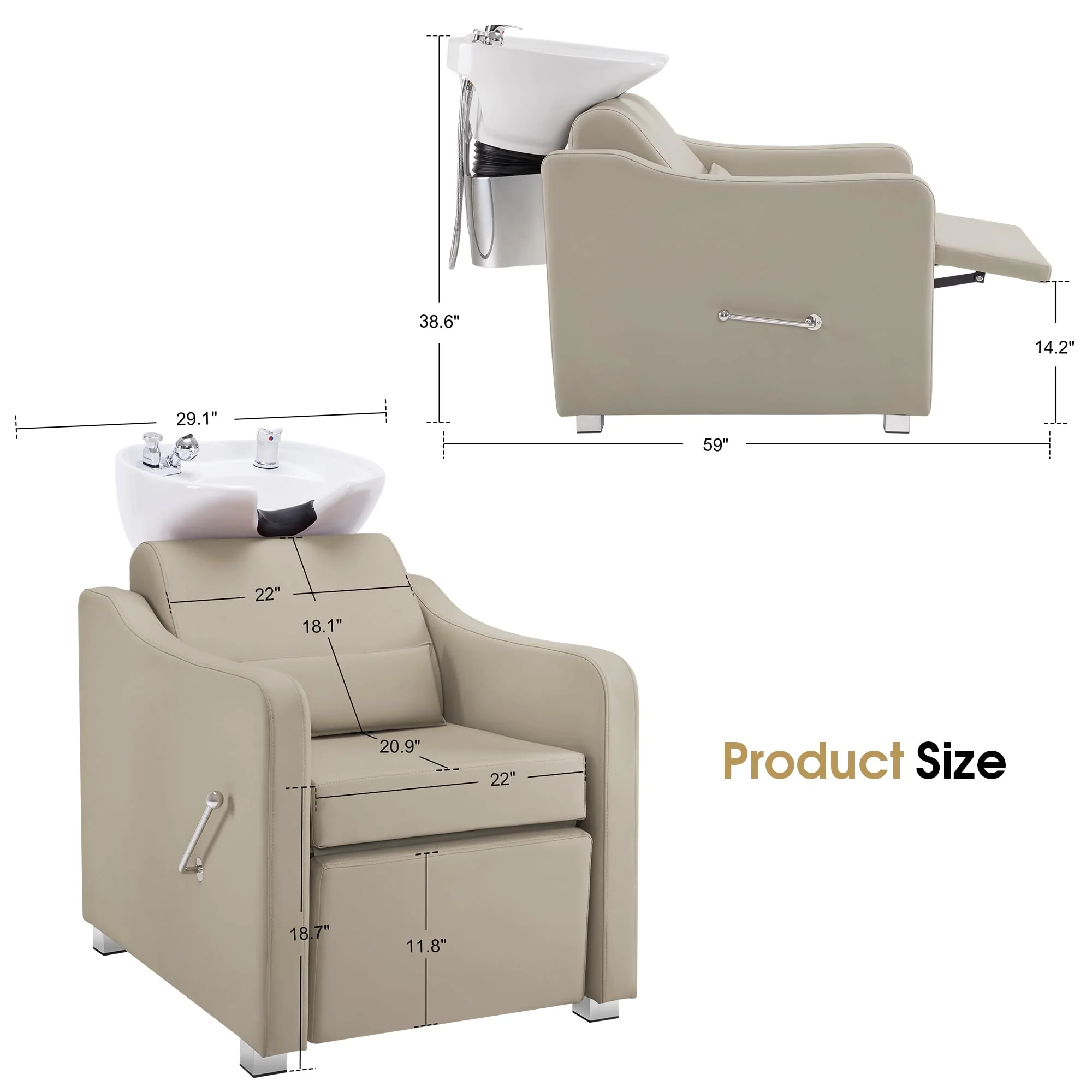 BarberPub Backwash Shampoo Station Chair, Adjustable Porcelain Ceramic Hair Wash Bowl with Chair, Shampoo Station for Barber Shop, Spa Beauty Salon Equipment 9364 (Creamy White) - Image 3