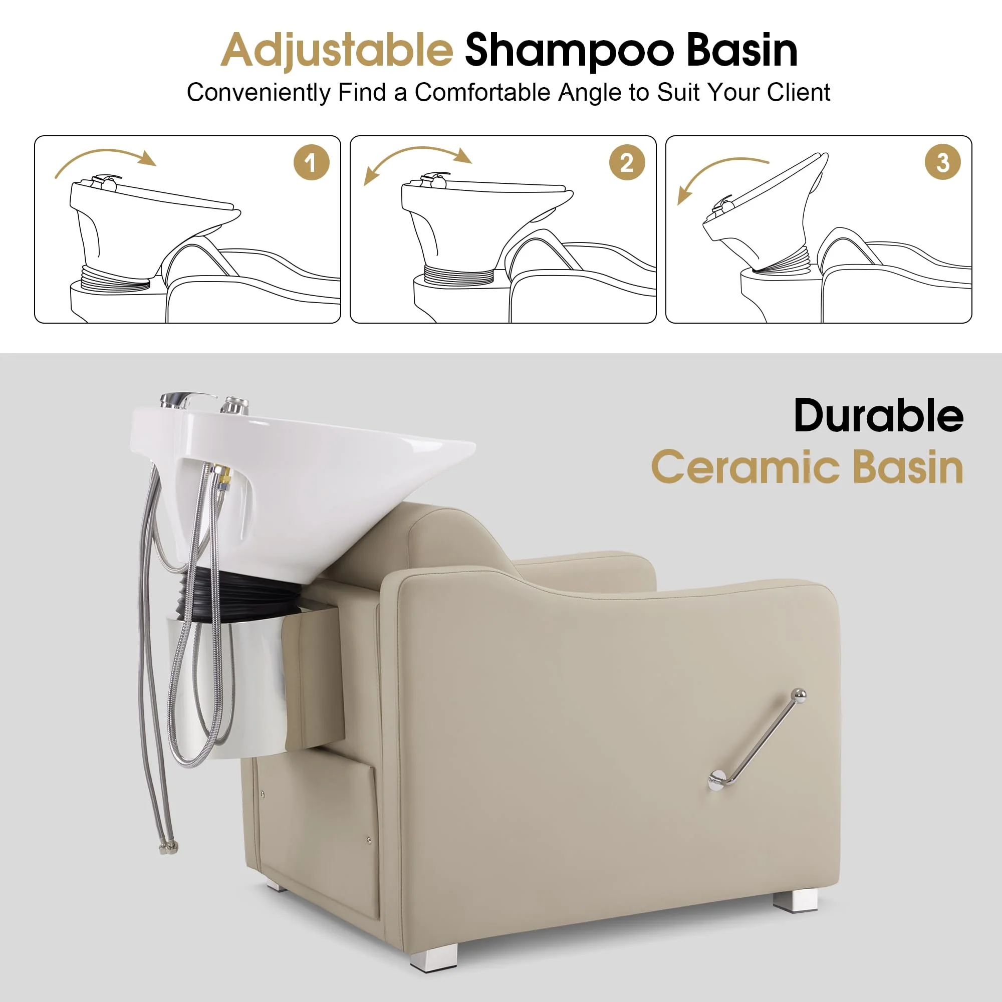 BarberPub Backwash Shampoo Station Chair, Adjustable Porcelain Ceramic Hair Wash Bowl with Chair, Shampoo Station for Barber Shop, Spa Beauty Salon Equipment 9364 (Creamy White) - Image 4