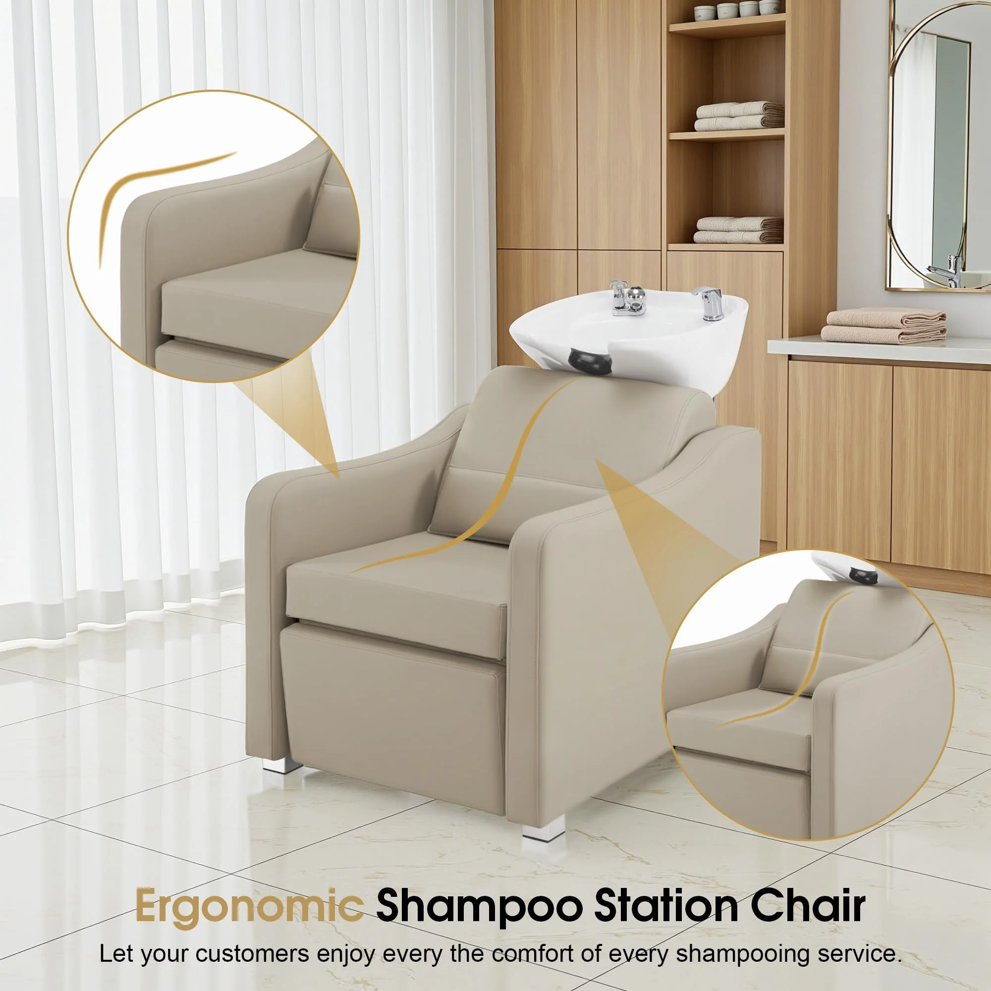 BarberPub Backwash Shampoo Station Chair, Adjustable Porcelain Ceramic Hair Wash Bowl with Chair, Shampoo Station for Barber Shop, Spa Beauty Salon Equipment 9364 (Creamy White) - Image 6