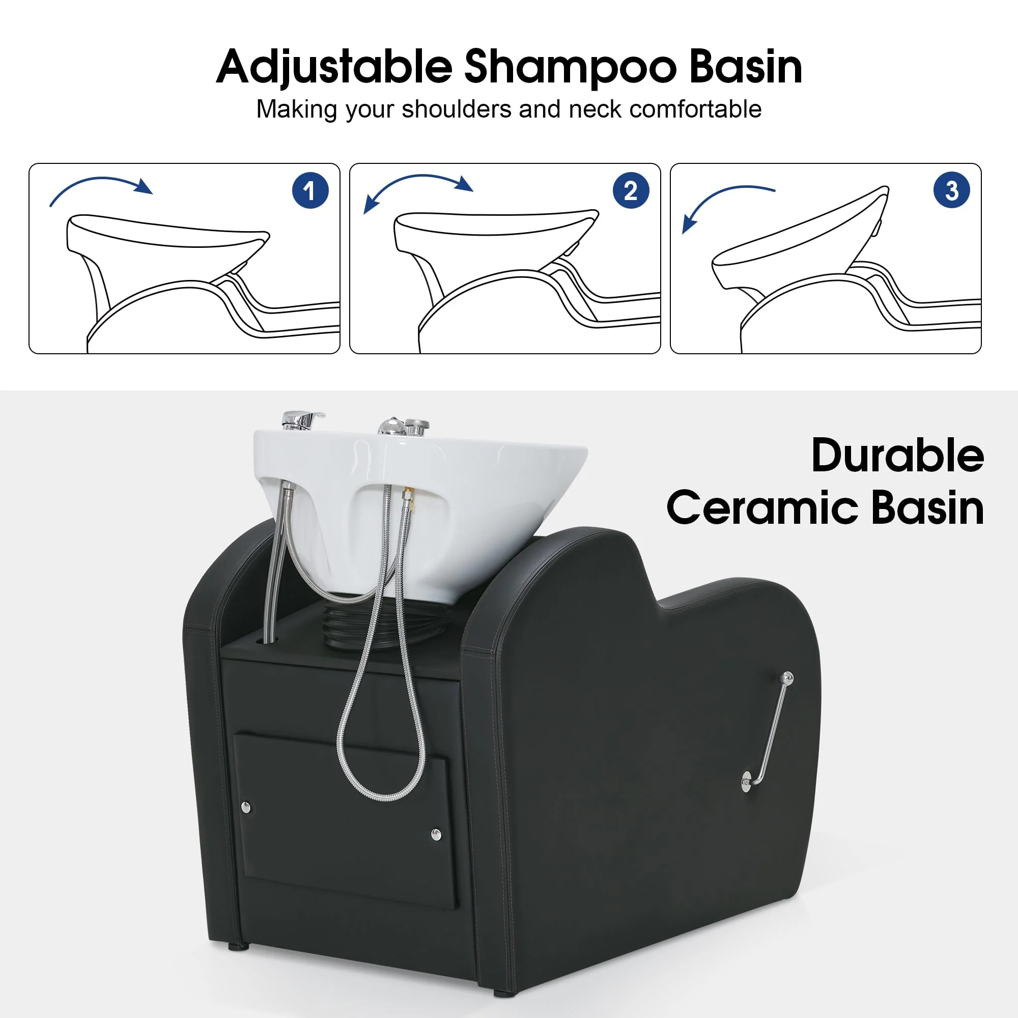 BarberPub Backwash Shampoo Unit with Leg Rest, Adjustable Ceramic Hair Wash Bowl Sink and Chair Set for Salon, Barbershop, Home Salon 9312 (Black) - Image 5