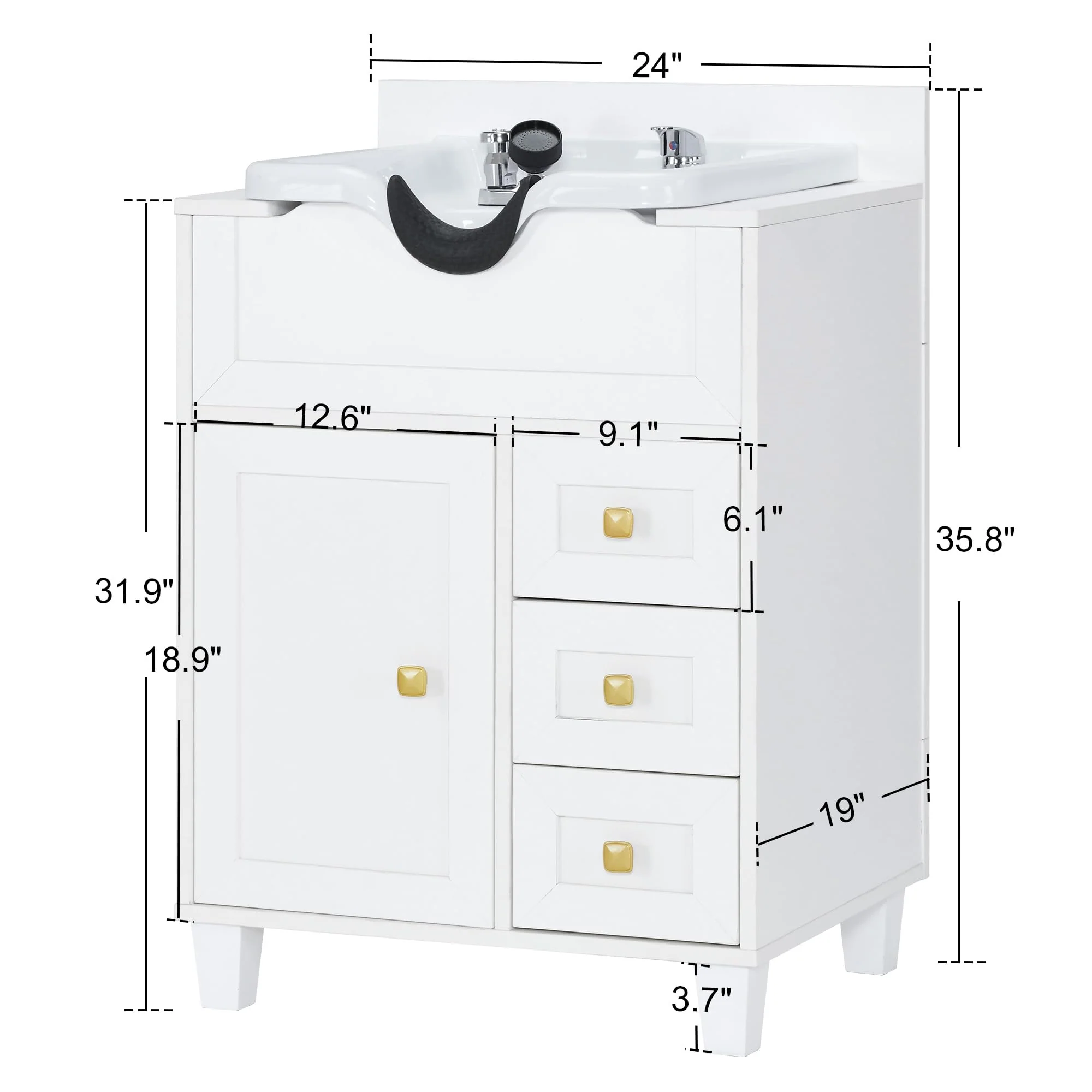 BarberPub Barber Storage Shampoo Station, Spa Textured Embossed Cabinet with Shampoo Bowl & Drawers, Hair Salon Sink Backwash Equipment 7131 (All White) - Image 3