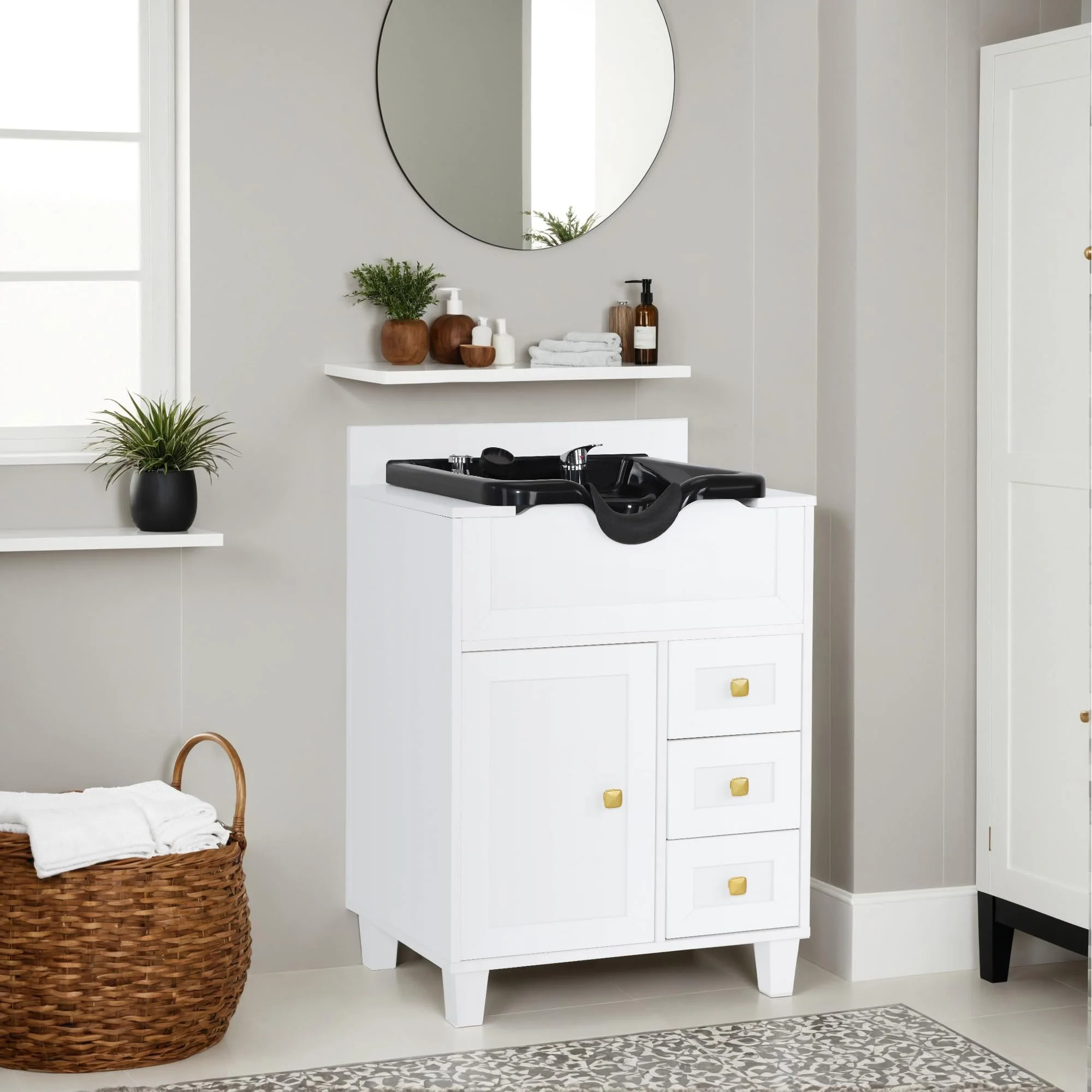BarberPub Barber Storage Shampoo Station, Spa Textured Embossed Cabinet with Shampoo bowl & Drawers, Hair Salon Sink Backwash Equipment 7131 (White) - Image 2