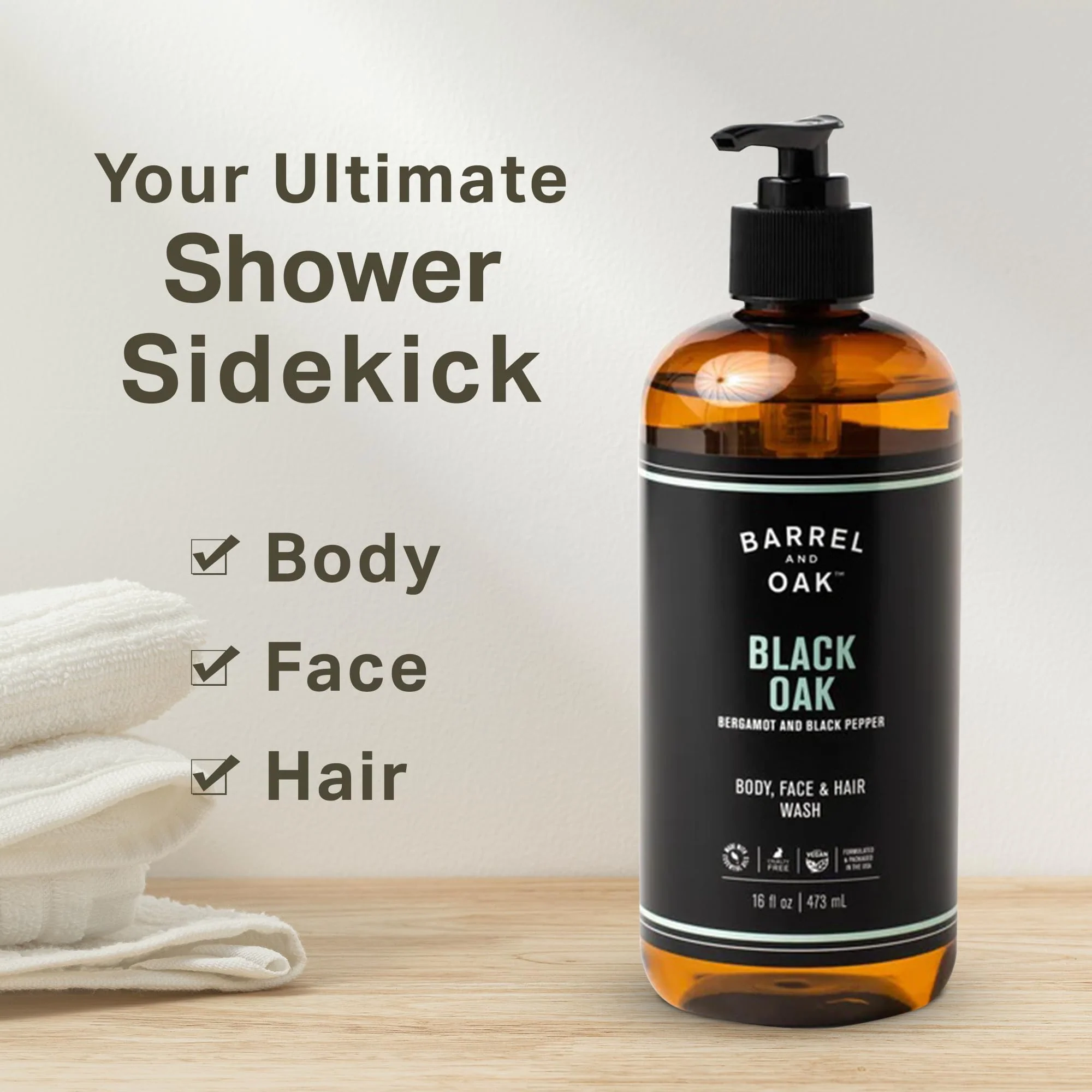 Barrel & Oak All-in-One Wash for Face, Hair, & Body, Vegan & Hydrating Face, Shampoo and Body Wash for Men, Grooming Kit Gifts for Men, Black Oak, 16 oz - Image 2