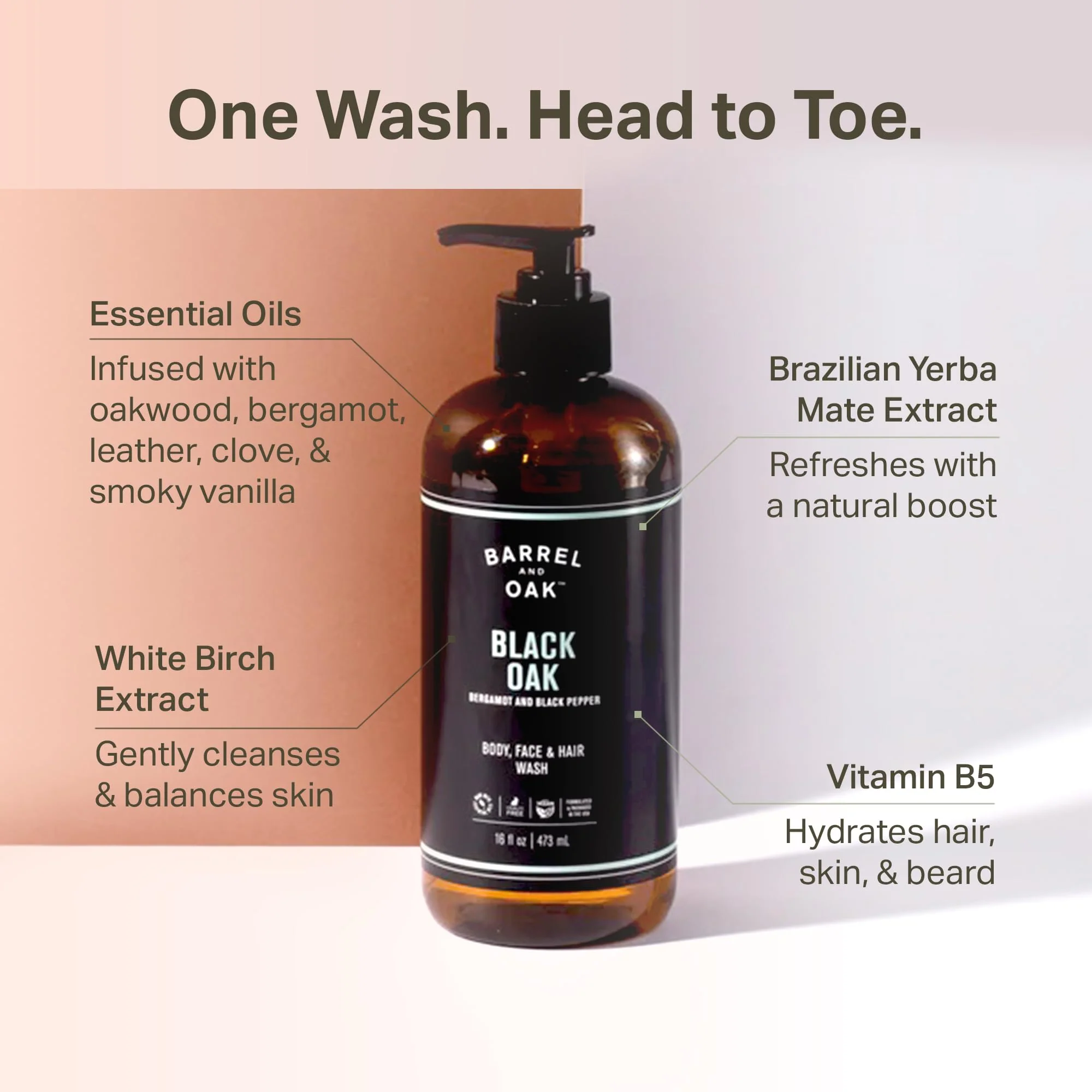 Barrel & Oak All-in-One Wash for Face, Hair, & Body, Vegan & Hydrating Face, Shampoo and Body Wash for Men, Grooming Kit Gifts for Men, Black Oak, 16 oz - Image 3