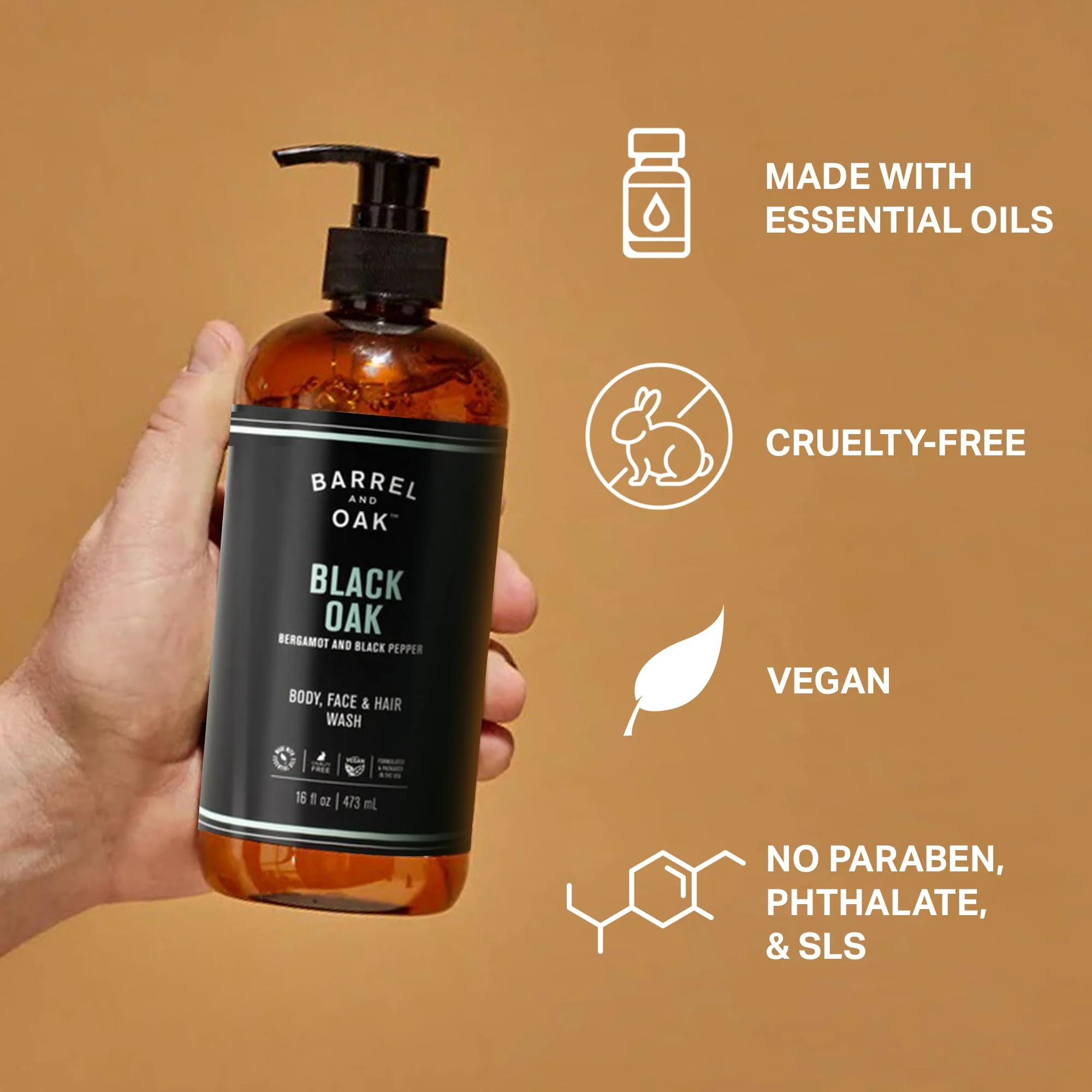 Barrel & Oak All-in-One Wash for Face, Hair, & Body, Vegan & Hydrating Face, Shampoo and Body Wash for Men, Grooming Kit Gifts for Men, Black Oak, 16 oz - Image 4