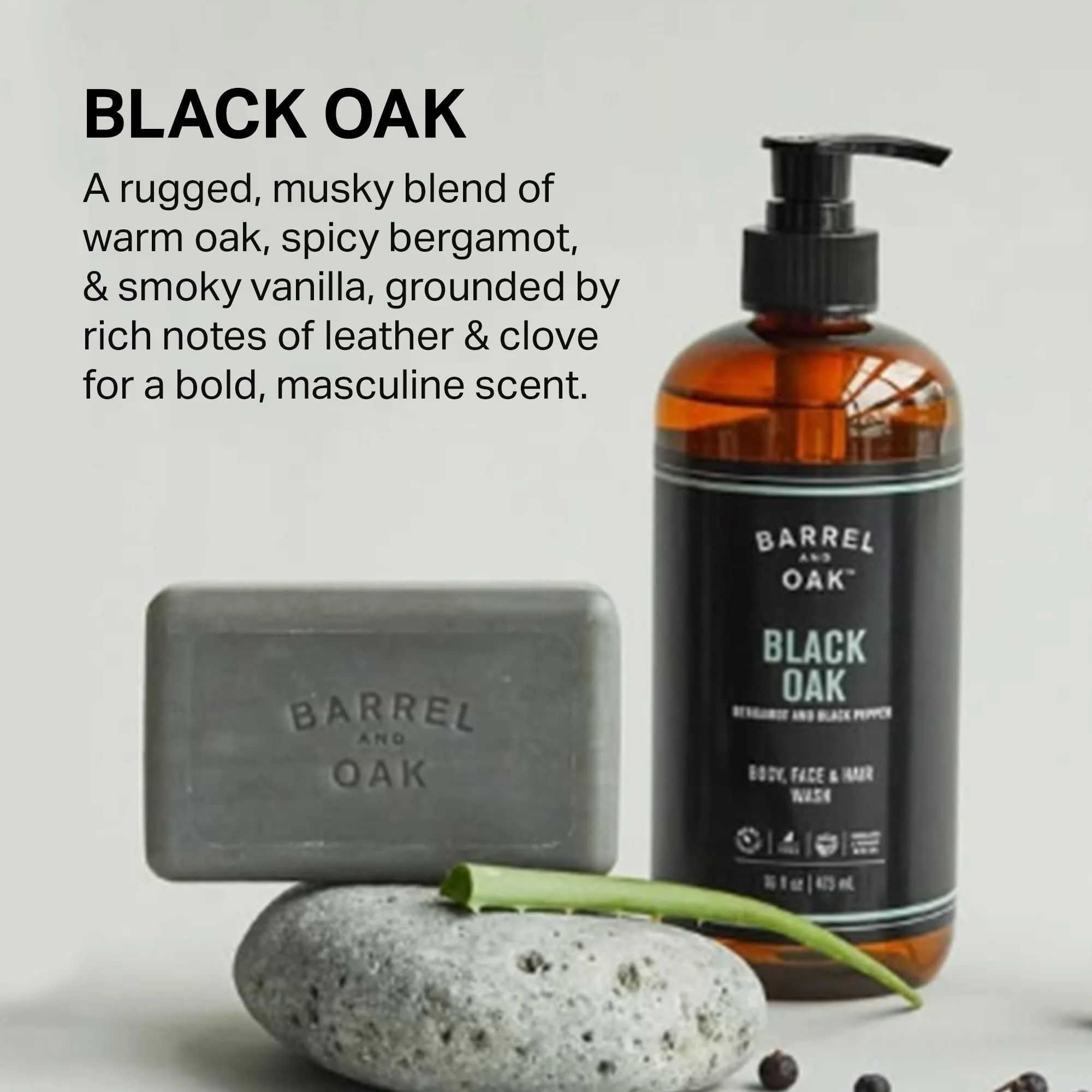 Barrel & Oak All-in-One Wash for Face, Hair, & Body, Vegan & Hydrating Face, Shampoo and Body Wash for Men, Grooming Kit Gifts for Men, Black Oak, 16 oz - Image 5