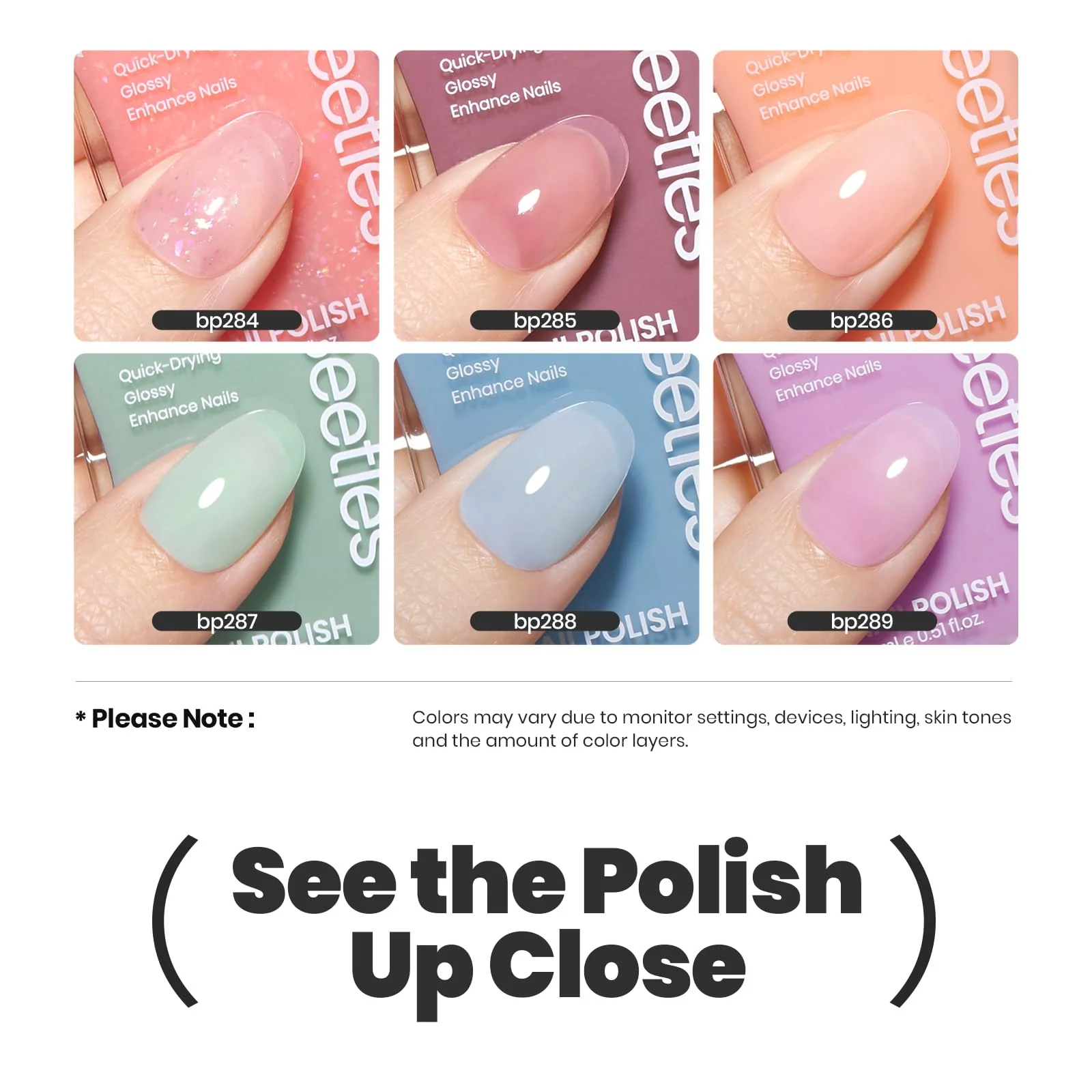 Beetles Jelly Nail Polish Set, 6 Colors Clear Pastel Nail Polish Glitter Pink Dusty Rose Orange Green Blue Purple Long Lasting & Quick Dry Nail Strengthener Polish Gift Sets for Women - Image 6
