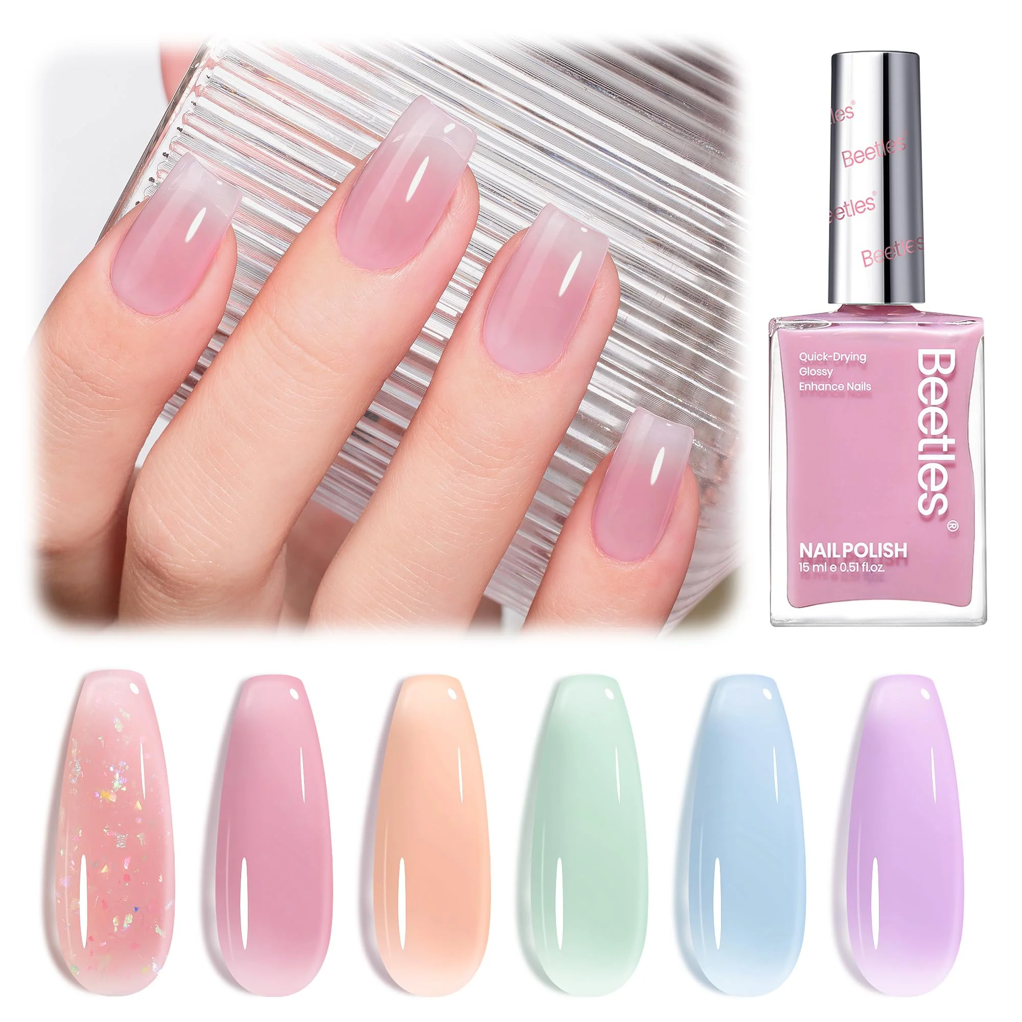 Beetles Jelly Nail Polish Set, 6 Colors Clear Pastel Nail Polish Glitter Pink Dusty Rose Orange Green Blue Purple Long Lasting & Quick Dry Nail Strengthener Polish Gift Sets for Women - Image 8