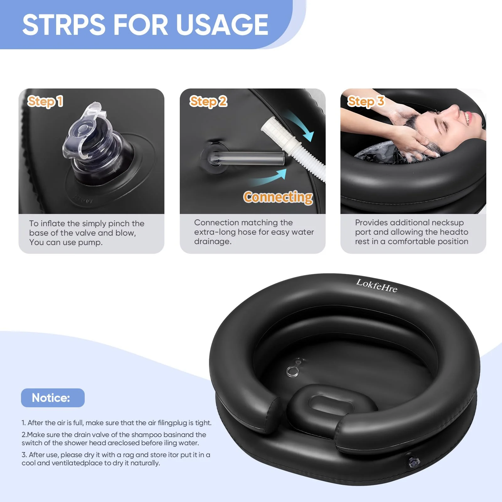 Black Inflatable Shampoo Basin, Stain Resistant Ergonomic Neck Support Hair Washing Bowl for Bedridden Elderly Disabled, Portable Leakproof PVC Sink with Drain Hose for Home Care Locs Detox - Image 4