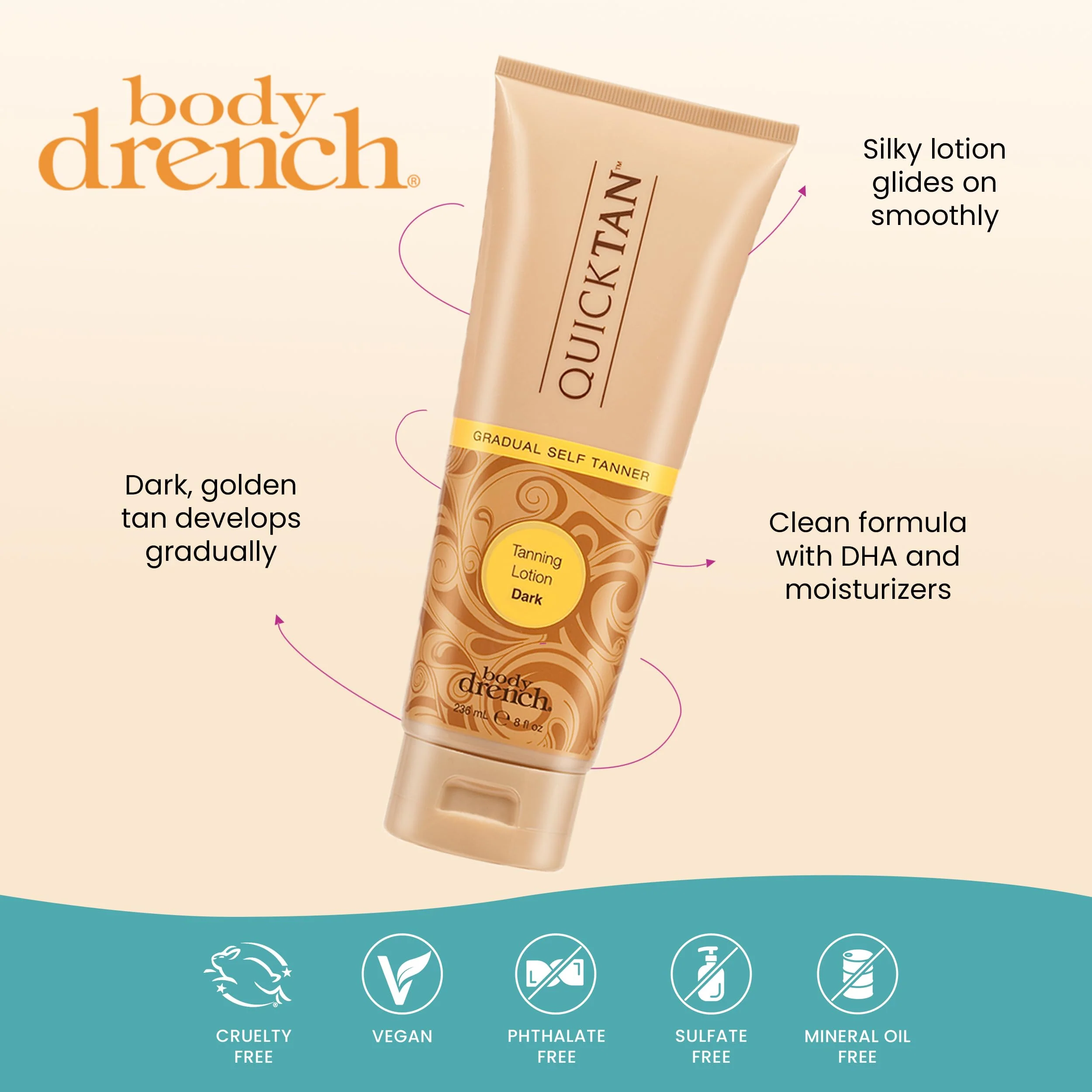 Body Drench Quick Tan Self Tanner Body Lotion – Sunless Tanning Lotion for Women, Natural-Looking Self Tan, Dark, 8 fl oz - Image 4