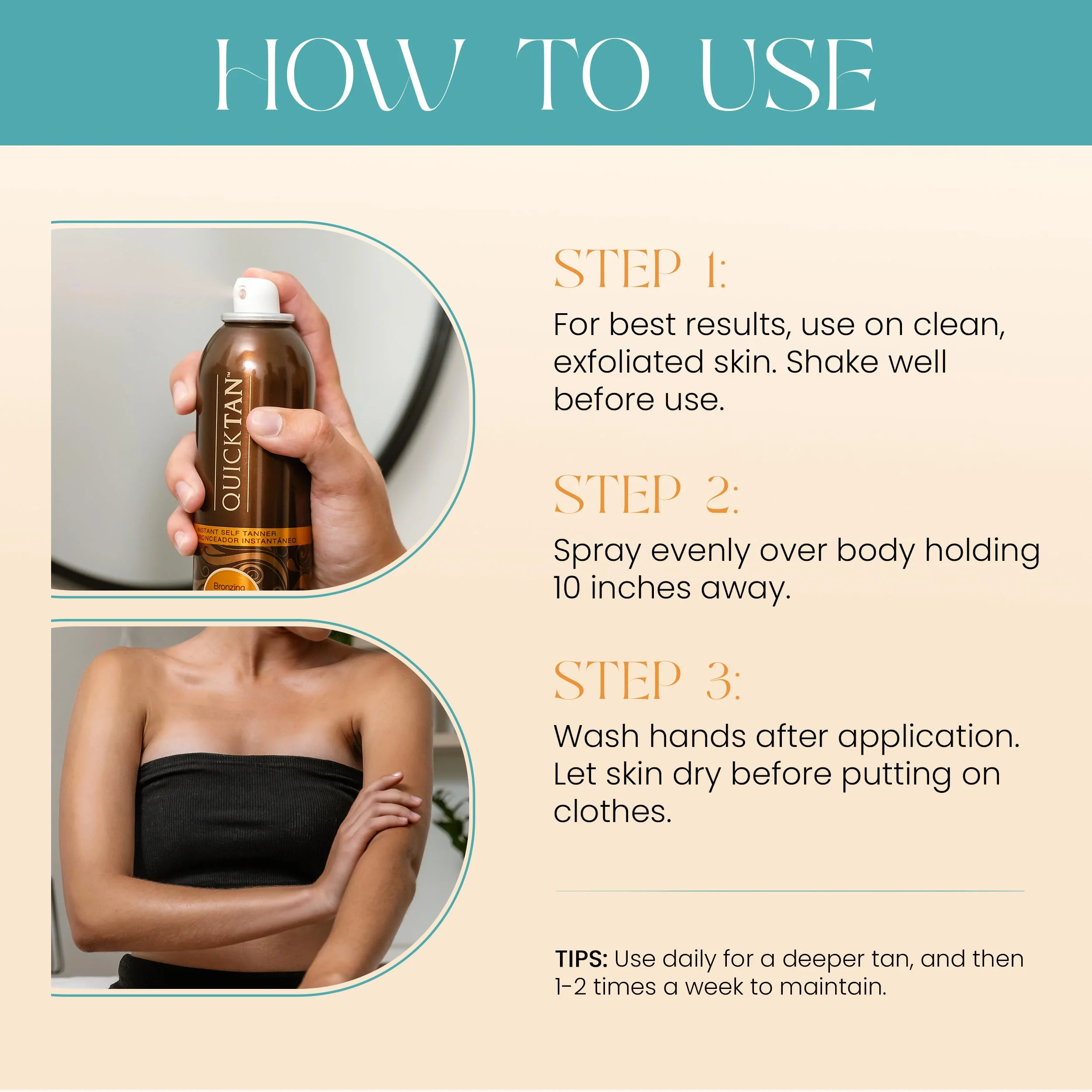 Body Drench QuickTan Instant Self Tanner Bronzing Spray, Salon-Quality Medium/Dark Tan, Streak-Free, Tinted Formula, 6 oz, 1-pack - Image 5