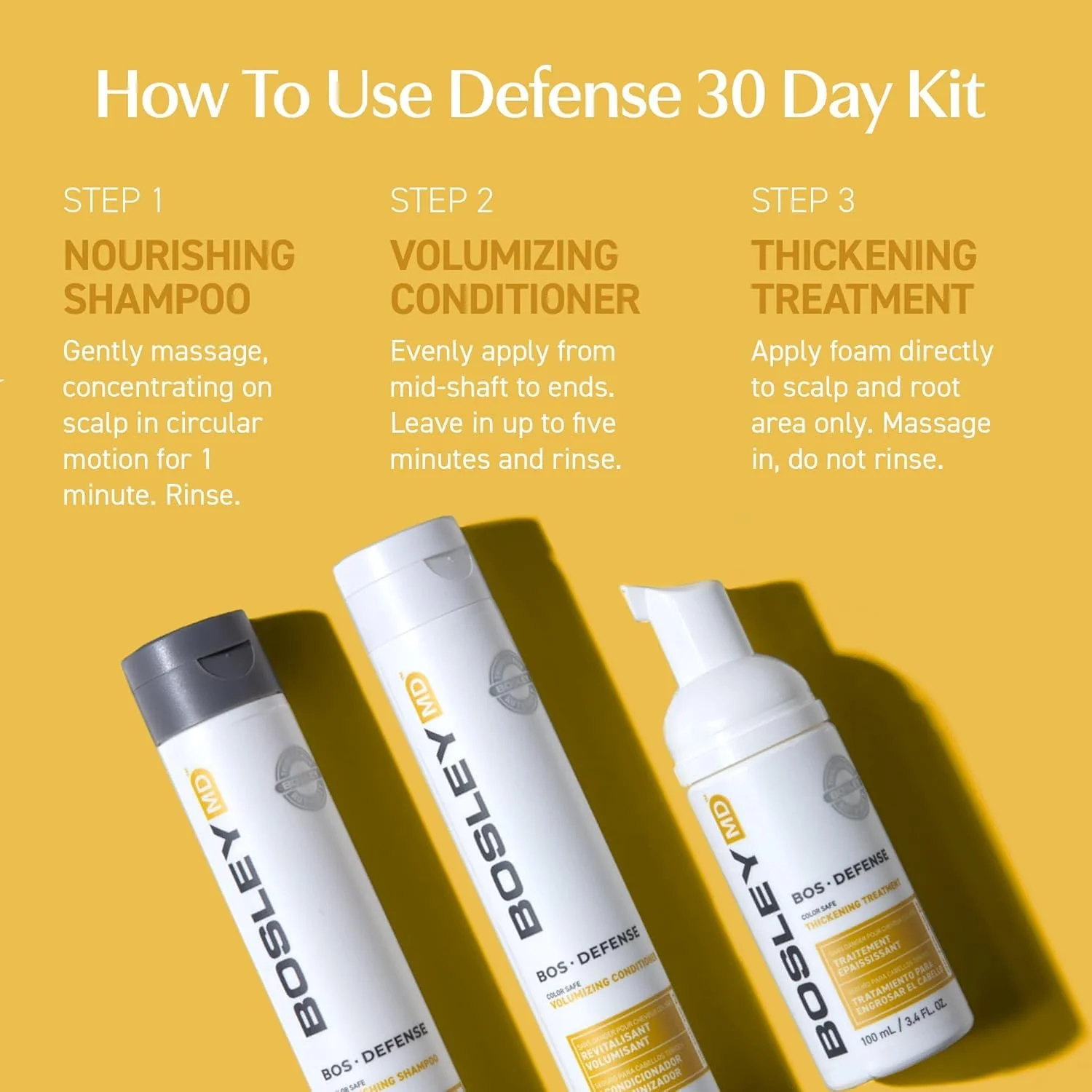 BosleyMD BosDefense 30-Day Hair Thinning Kit for Men & Women – DHT Blocking Shampoo, Volumizing Conditioner & Leave-In Thickening Treatment – Hair Growth Support System for Fuller, Thicker Hair - Image 4