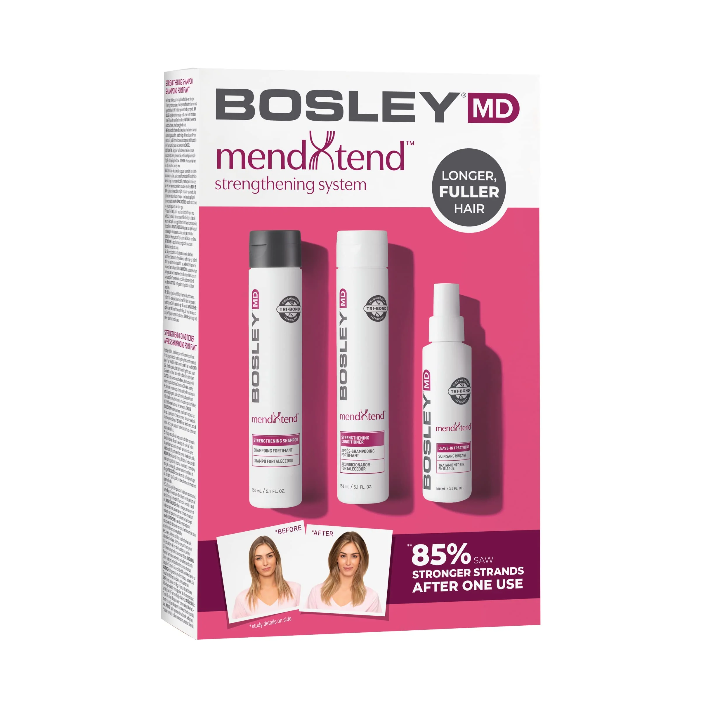 BosleyMD MendXtend Hair Strengthening System Kit – Shampoo, Conditioner & Leave-In Treatment with Biotin, DHT Blockers & Tri-Bond Technology – Anti-Breakage, Thickening & Hair Growth Support