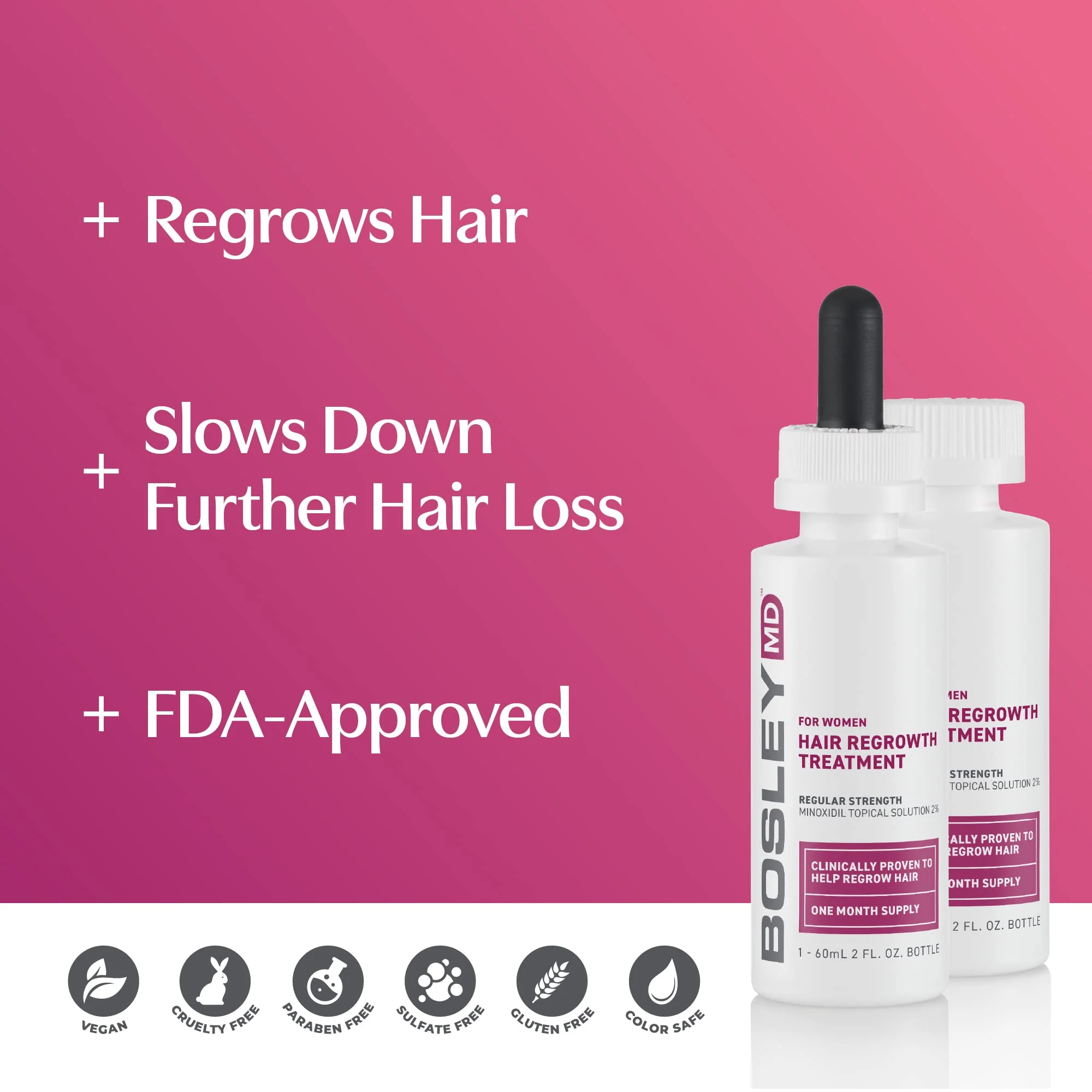BosleyMD Minoxidil 2% Hair Regrowth Treatment for Women, Clinically Proven Hair Growth Solution for Thinning Hair & Female Pattern Hair Loss - Topical Scalp Treatment – 2 x 2 Fl Oz (2 Month Supply) - Image 2