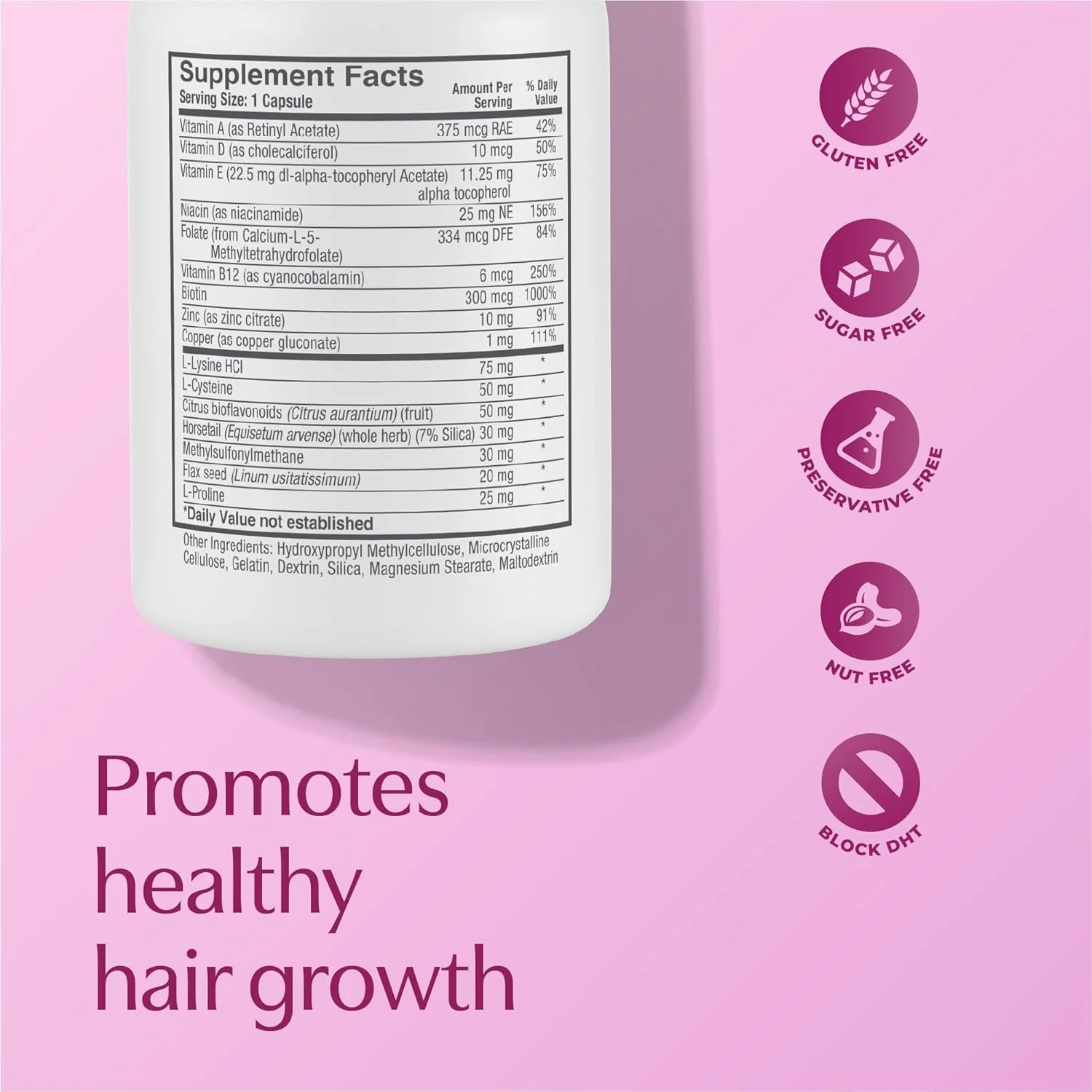 BosleyMD Women’s Healthy Hair Growth Supplements for Thicker, Fuller Hair– DHT-Blocking Botanicals with Biotin, Niacin, Zinc & L-Lysine – Rich in Vitamins & Minerals – 60 Capsules (2-Month Supply) - Image 6