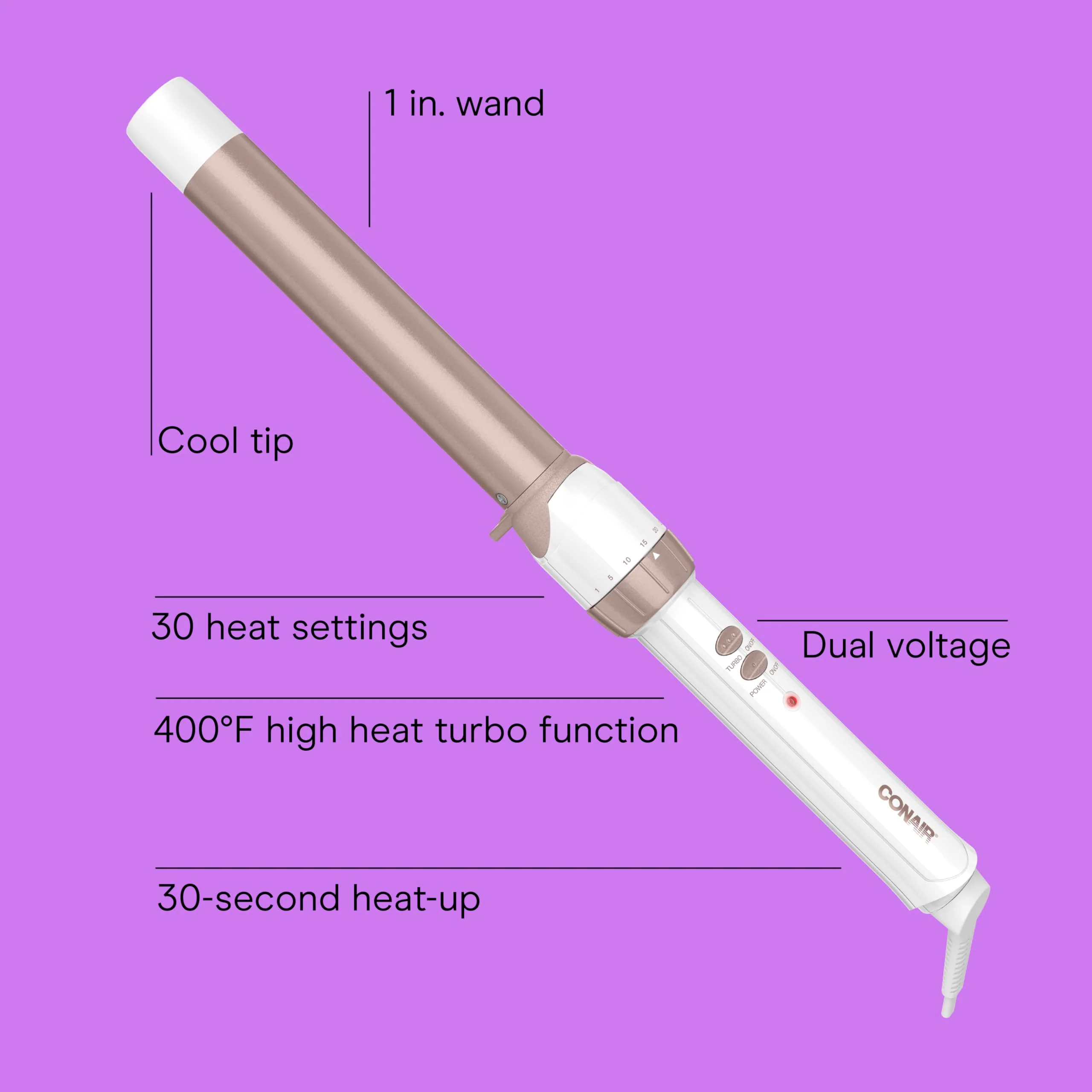 Conair Double Ceramic 1-Inch Curling Wand, Produces Flawless Waves, Curling Iron for Use on Medium and Long Hair, 30 Heat Setting Curling Iron, White - Image 3