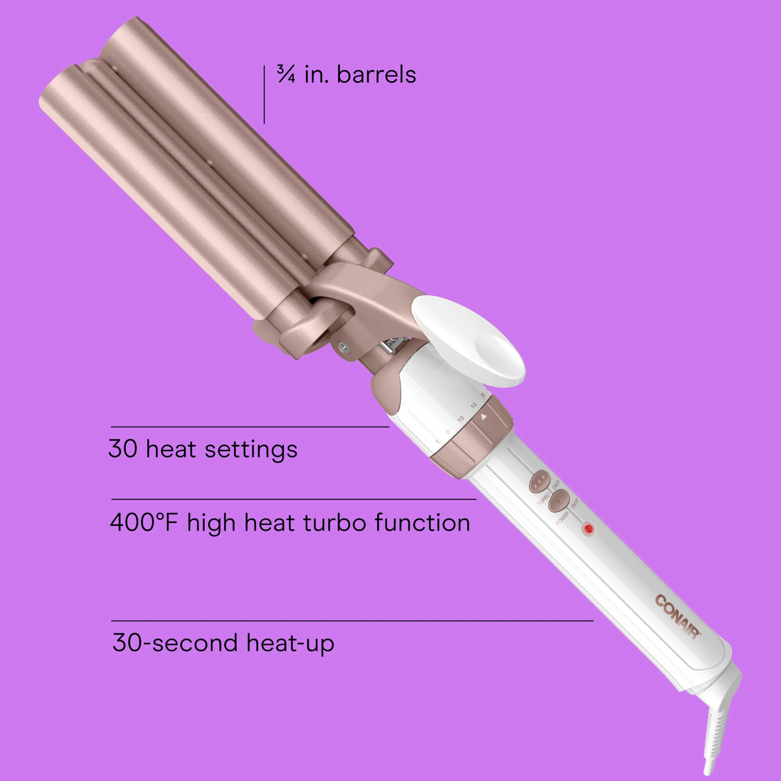 Conair Double Ceramic 3 Barrel Curling Iron, Triple Barrel Waver Hair Tool Creates Deep, Continuous Waves, Hair Curler for All Hair Lengths, White/Rose Gold - Image 3