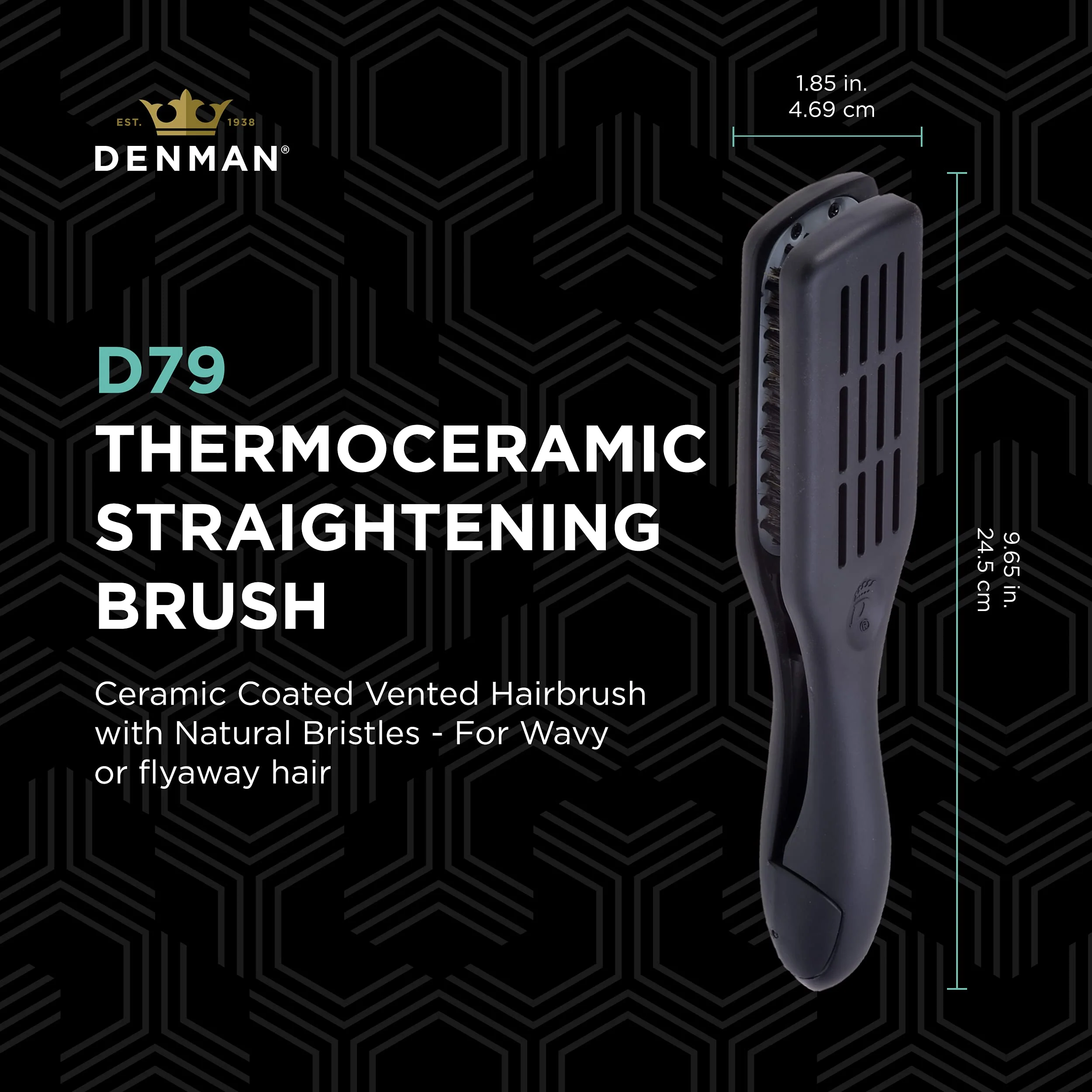 Denman D79 Thermoceramic Hair Straightening Brush - with Boar Bristles - For Wide, Wavy, Curly, Coily Hair – Black - Image 3