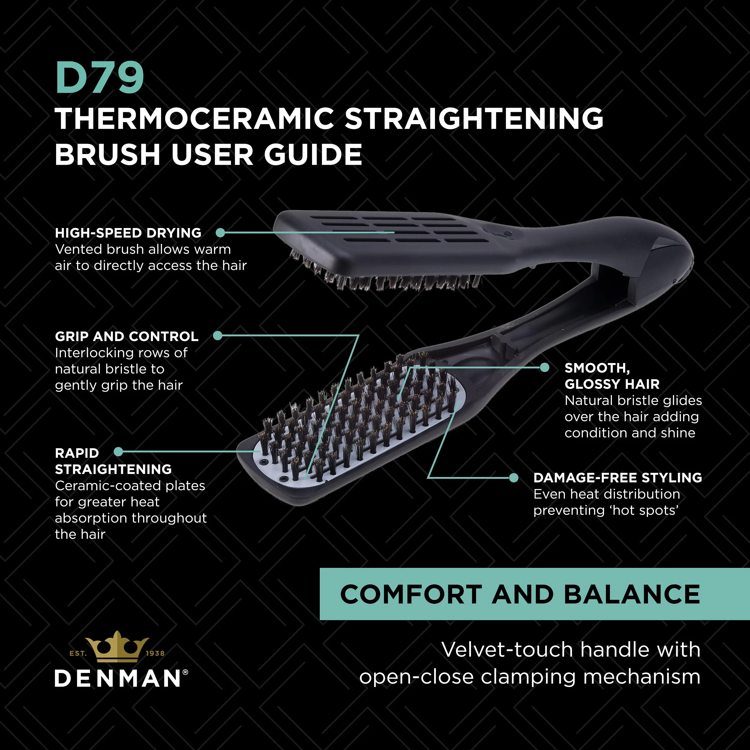 Denman D79 Thermoceramic Hair Straightening Brush - with Boar Bristles - For Wide, Wavy, Curly, Coily Hair – Black - Image 6