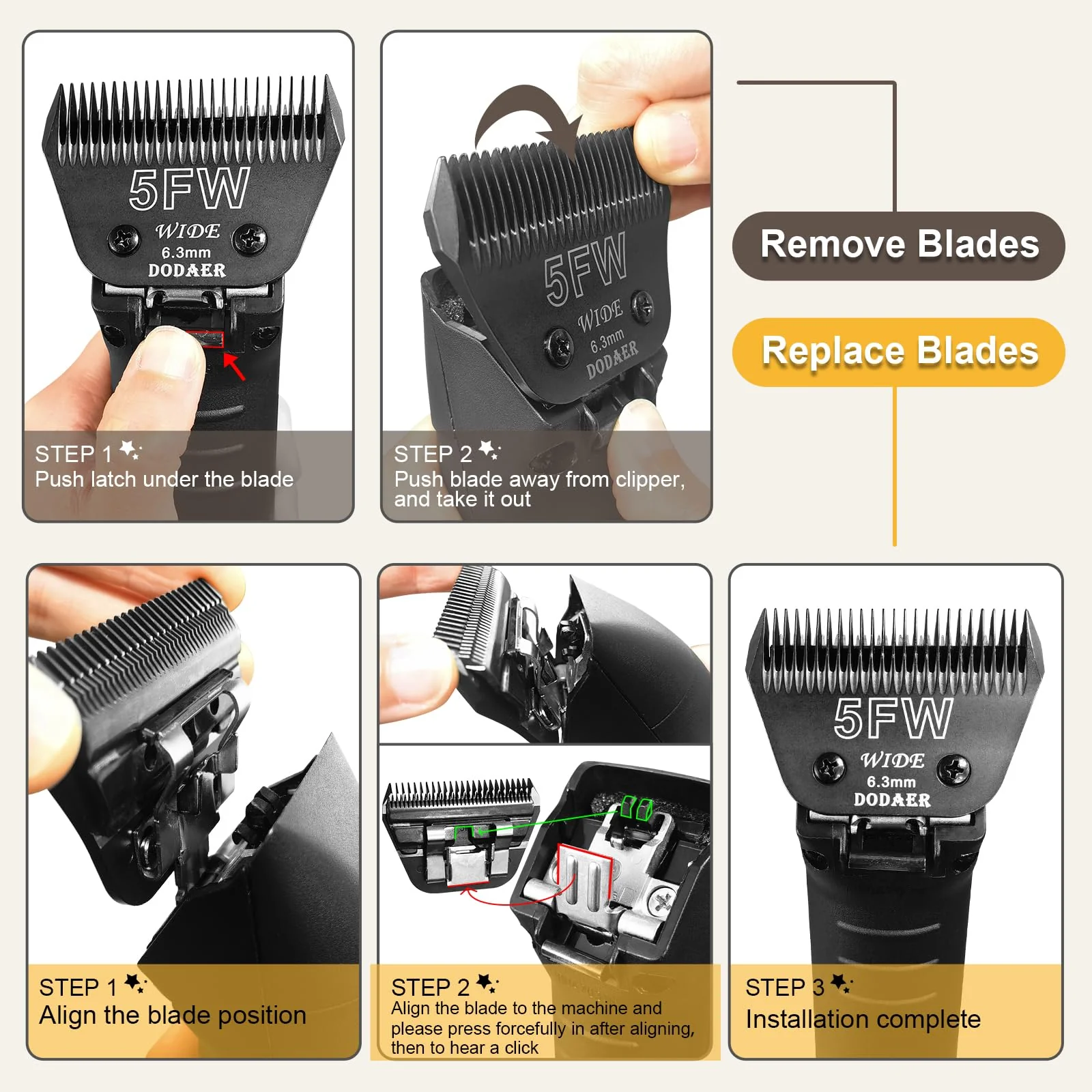 DODAER 30W+10W+7FW+5FW+4FW Wide Blades for Dog Grooming,Compatible with Andis,Oster A5,Wahl km10 Clippers,Cutting Length 1/50" to 3/8",5 Pack(Black) - Image 4