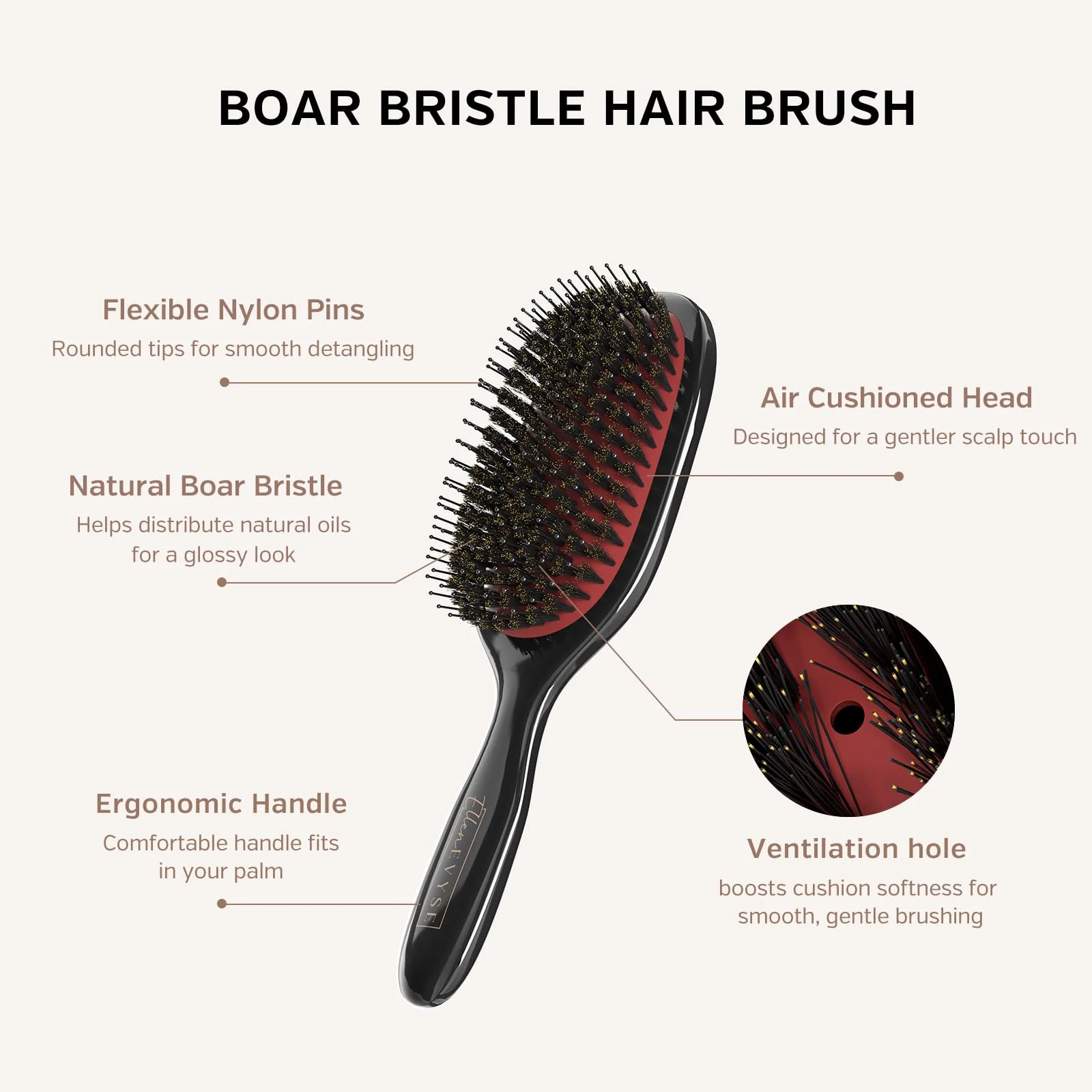 Ellen Evyse Boar Bristle Hair Brush, Nylon Pins and Soft Boar Bristles for Smoothing, Detangling, Reducing Breakage and Enhancing Shine, Hairbrush for Women,Men - Image 2
