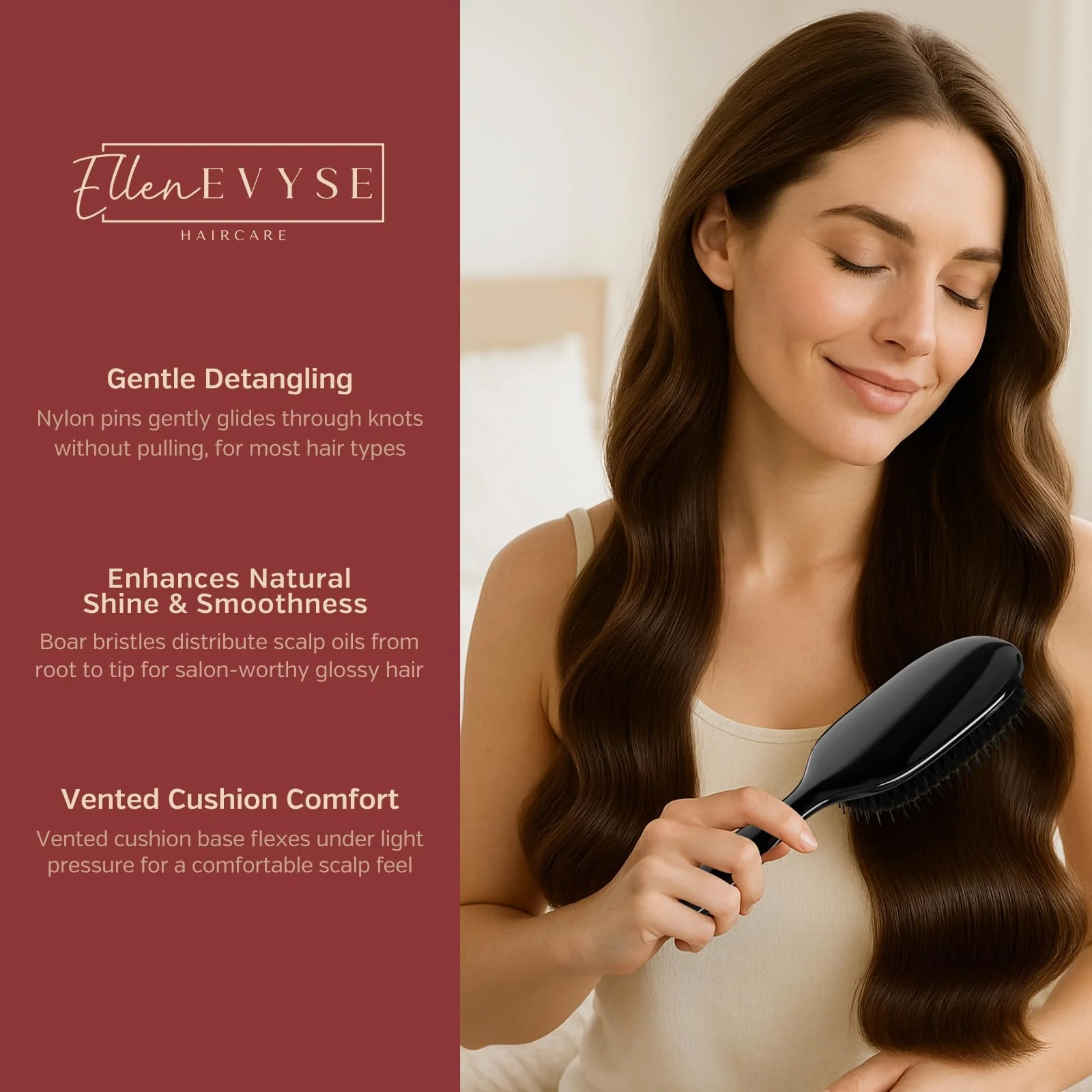 Ellen Evyse Boar Bristle Hair Brush, Nylon Pins and Soft Boar Bristles for Smoothing, Detangling, Reducing Breakage and Enhancing Shine, Hairbrush for Women,Men - Image 3