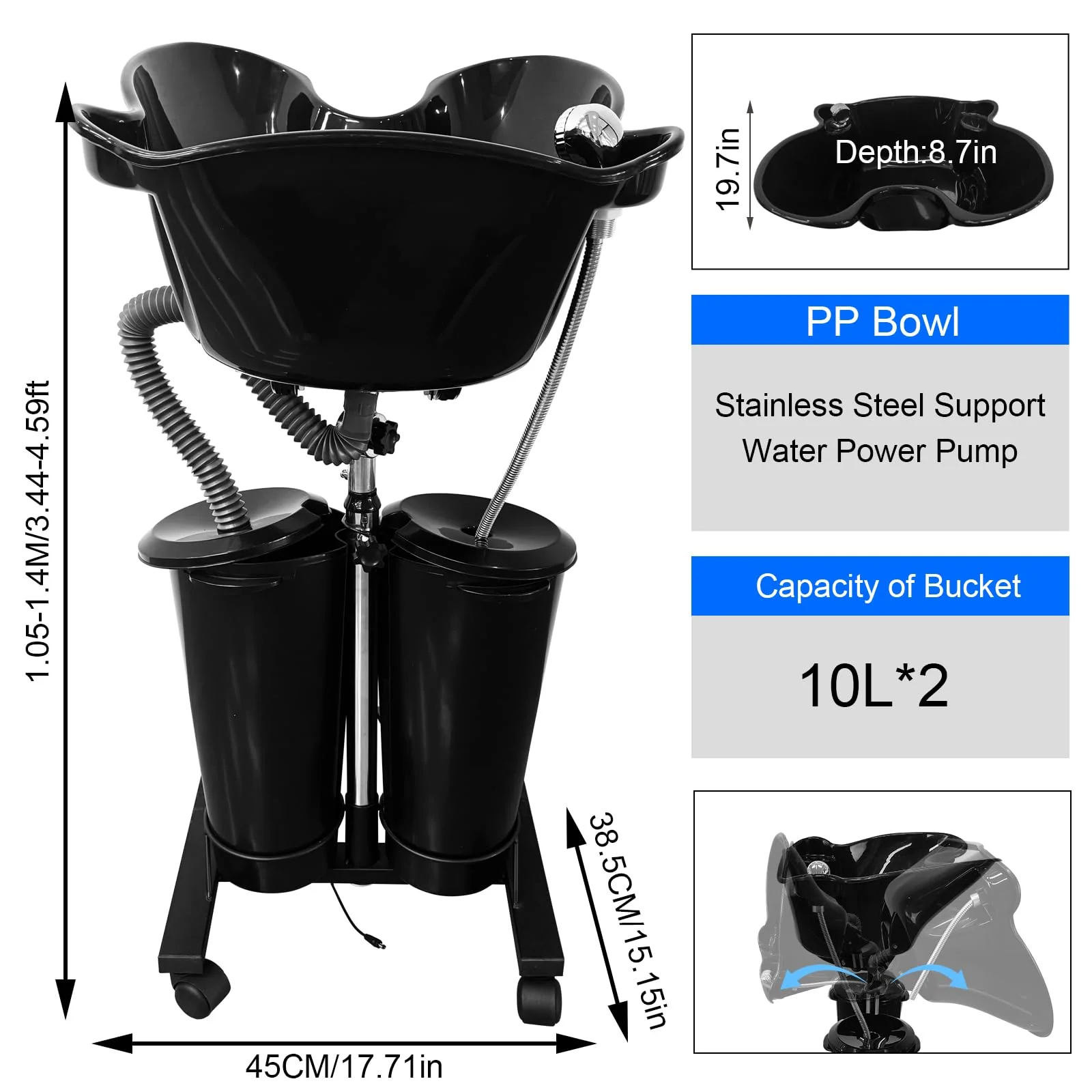 EVGTTI Portable Shampoo Bowl with Electric Pump, Height Adjustable Hair Washing Station, 2 Buckets Drain Hoses, Portable Salon Sink for Home & Salon Use - Image 2