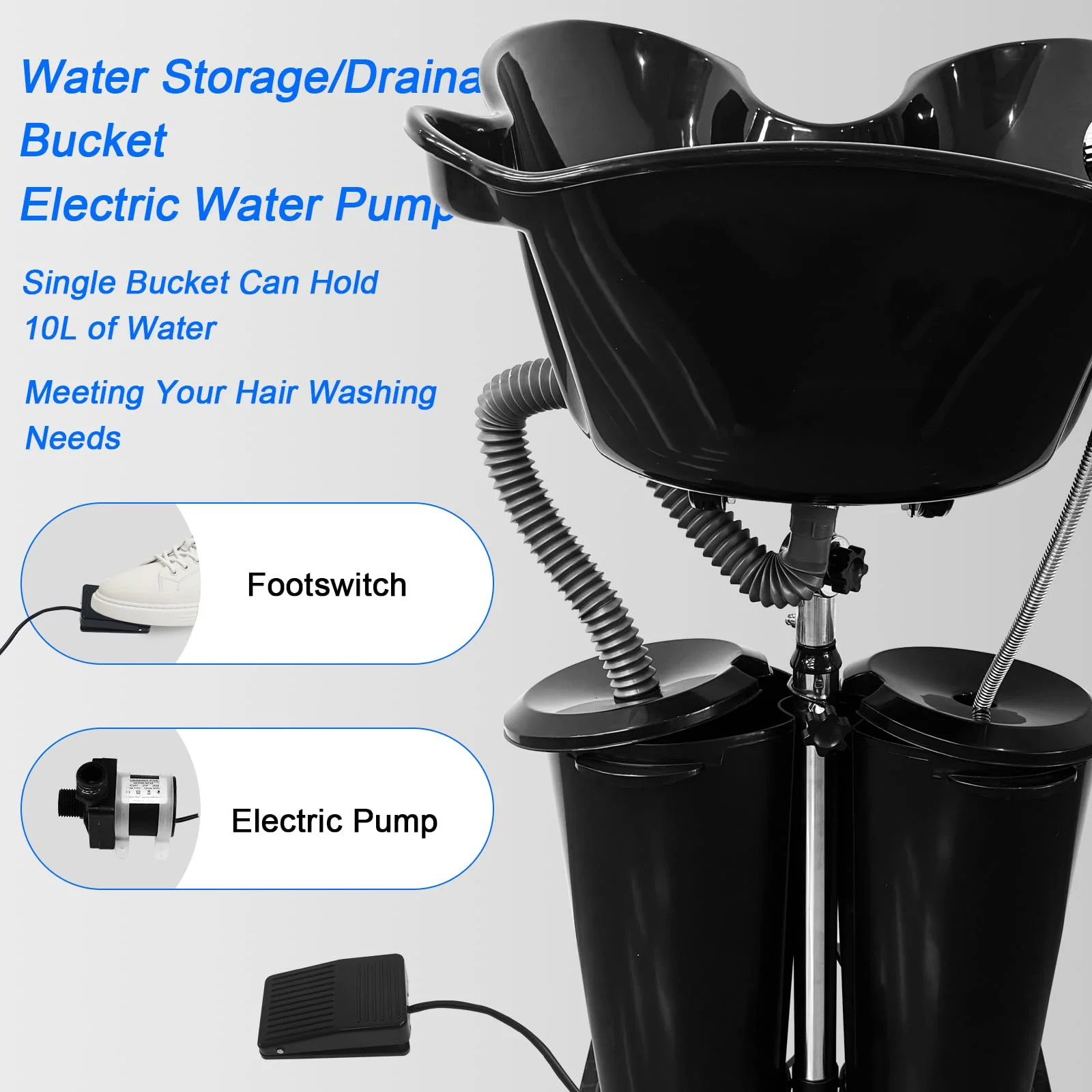 EVGTTI Portable Shampoo Bowl with Electric Pump, Height Adjustable Hair Washing Station, 2 Buckets Drain Hoses, Portable Salon Sink for Home & Salon Use - Image 3