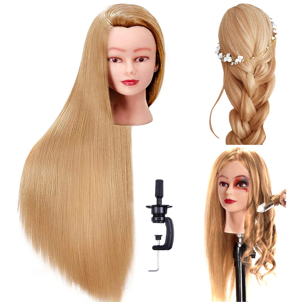 FABA Mannequin Head with Hair Blonde 26"-28" Cosmetology Mannequin Head Styling Practice Braiding Cosmetology Doll Head Hair for Hairdressing with Free Clamp Holder