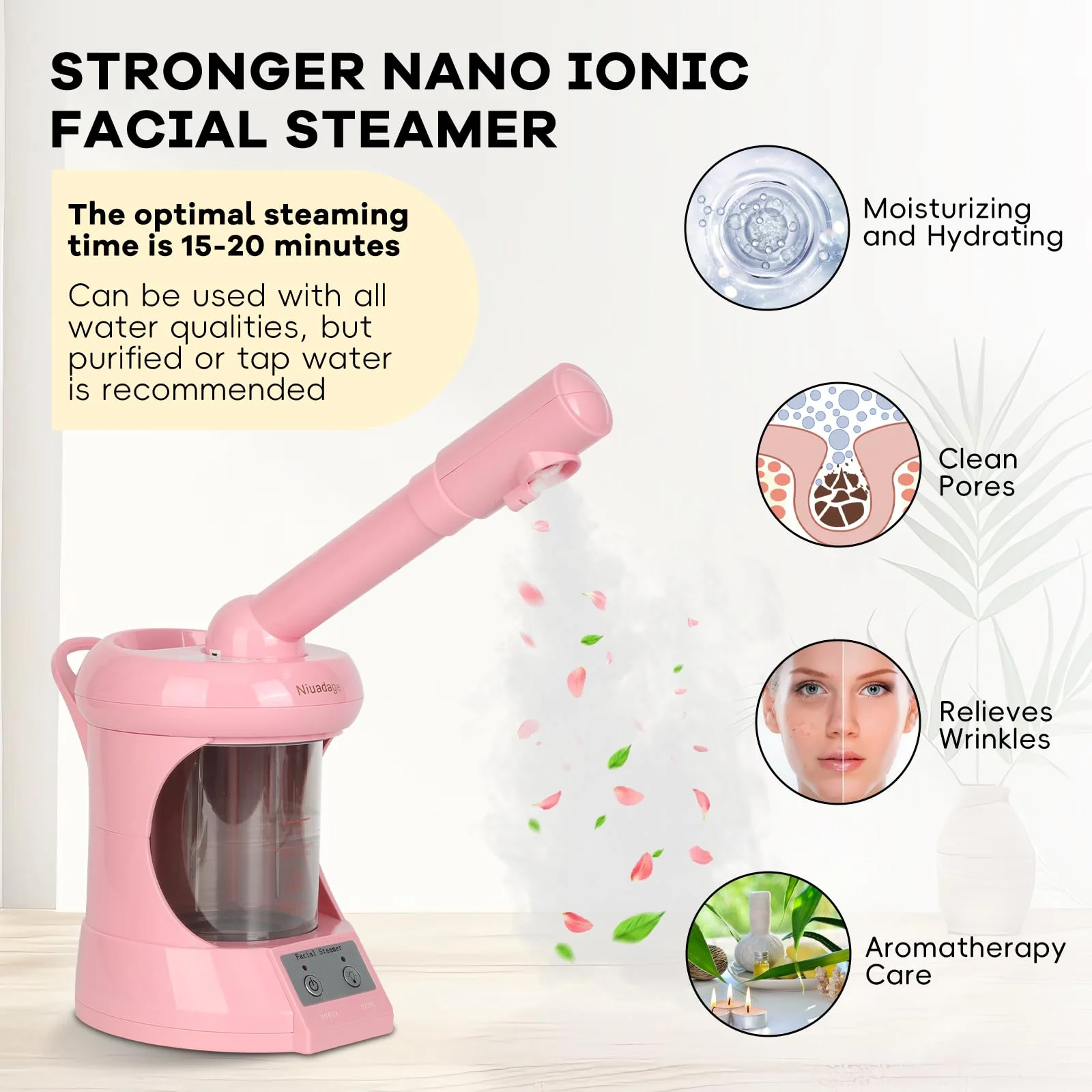 Facial Steamer Nano Ionic Face Steamer with Extendable Arm, Portable Face Steamer for Facial Deep Cleaning, Steamer for Facial for Personal Care at Home or Salon（Pink） - Image 3